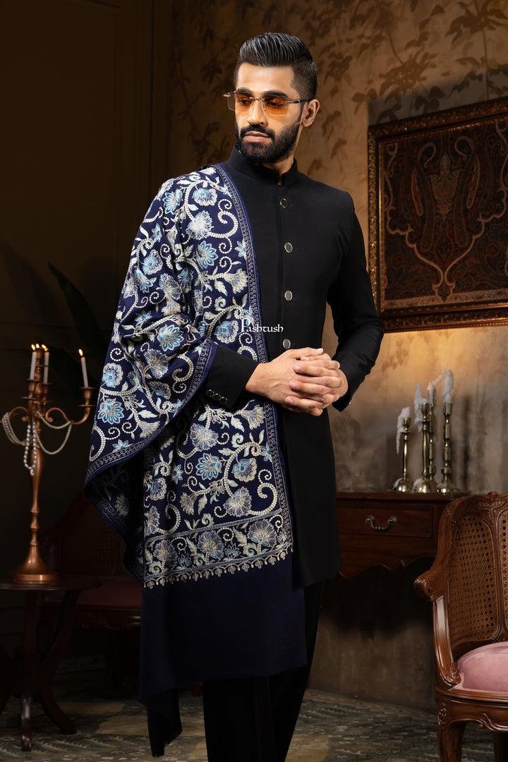 Pashtush India Gift Pack Pashtush His and Her Gift Set of Mens Silk Wool Embroidery Stole and Womens Pure Cashmere Stole, Navy Blue and Ombre, Packaged in Keepsake Wooden Chester Gift Box