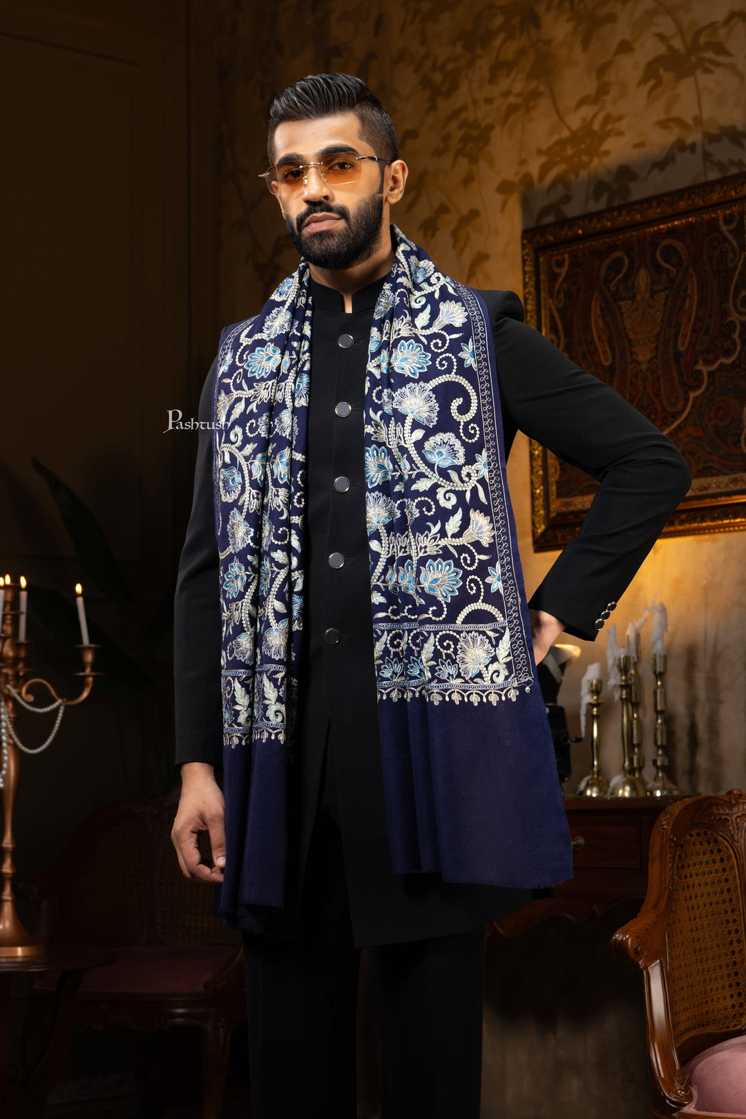 Pashtush India Gift Pack Pashtush His and Her Gift Set of Mens Silk Wool Embroidery Stole and Womens Pure Cashmere Stole, Navy Blue and Ombre, Packaged in Keepsake Wooden Chester Gift Box