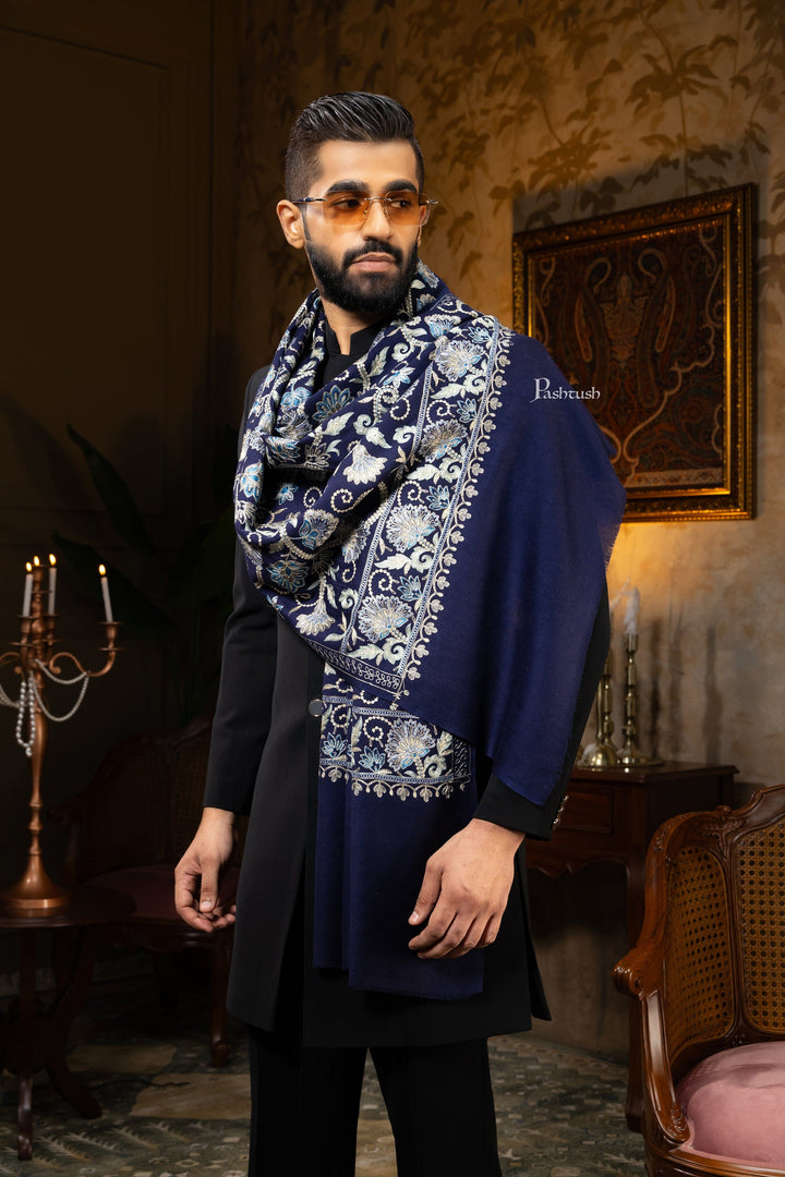 Pashtush India Gift Pack Pashtush His and Her Gift Set of Mens Silk Wool Embroidery Stole and Womens Pure Cashmere Stole, Navy Blue and Ombre, Packaged in Keepsake Wooden Chester Gift Box
