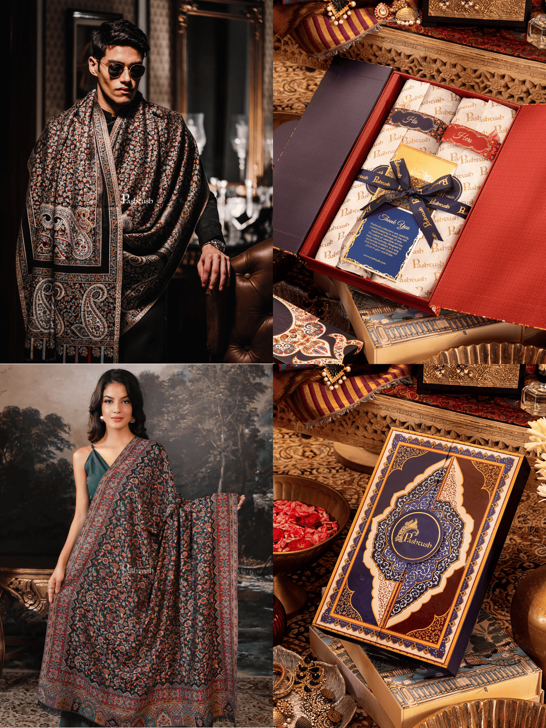 Pashtush India Gift Pack Pashtush His And Her Gift Set of Mens Stole and Womens Shawl, Premium Gift Box Packaging, Black