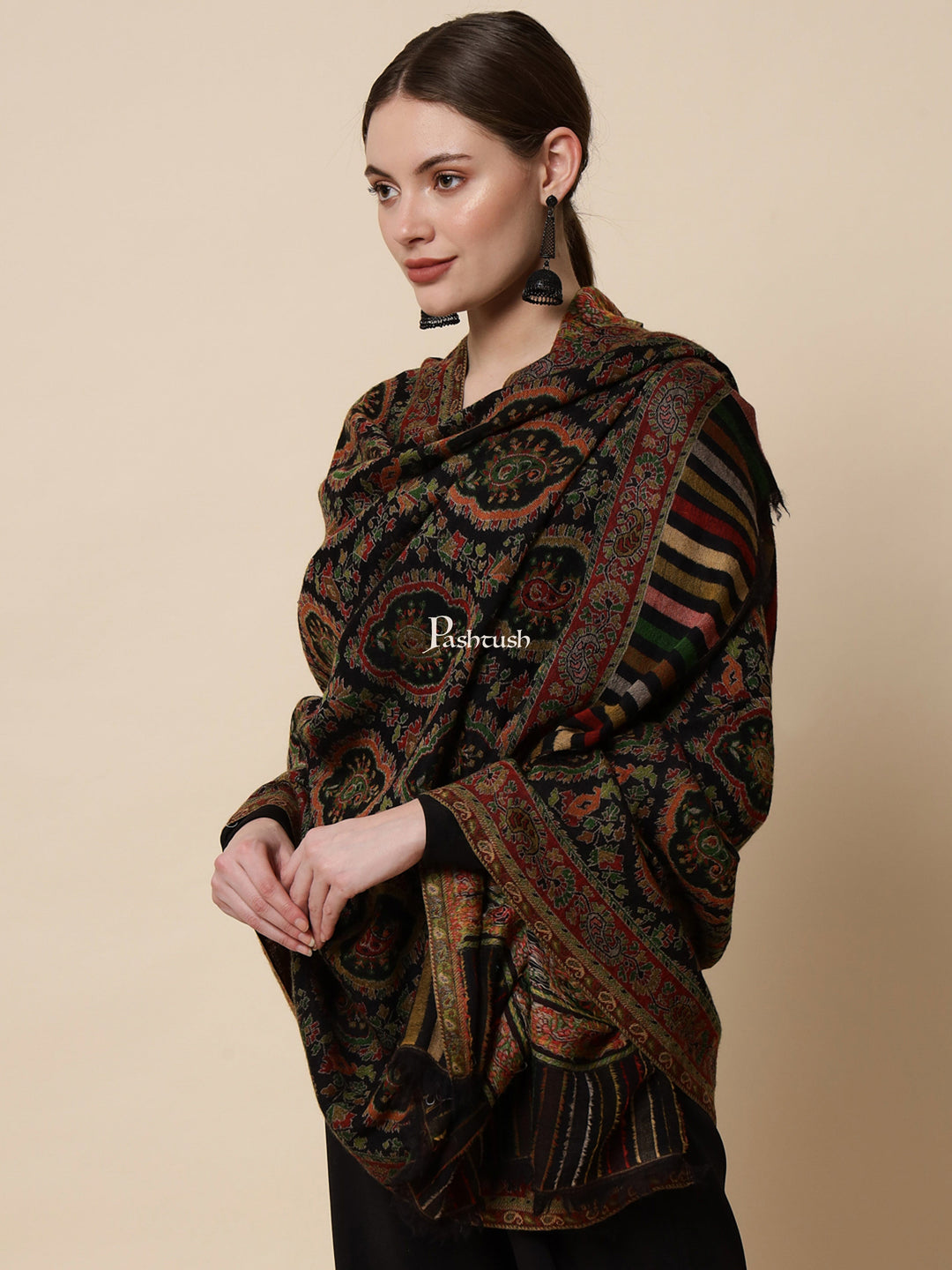 Pashtush India Gift Pack Pashtush His And Her Gift Set Of Pure Wool Reversible Stole And Extra Fine Ethnic Shawl With Wooden Chester Box, Multicolour