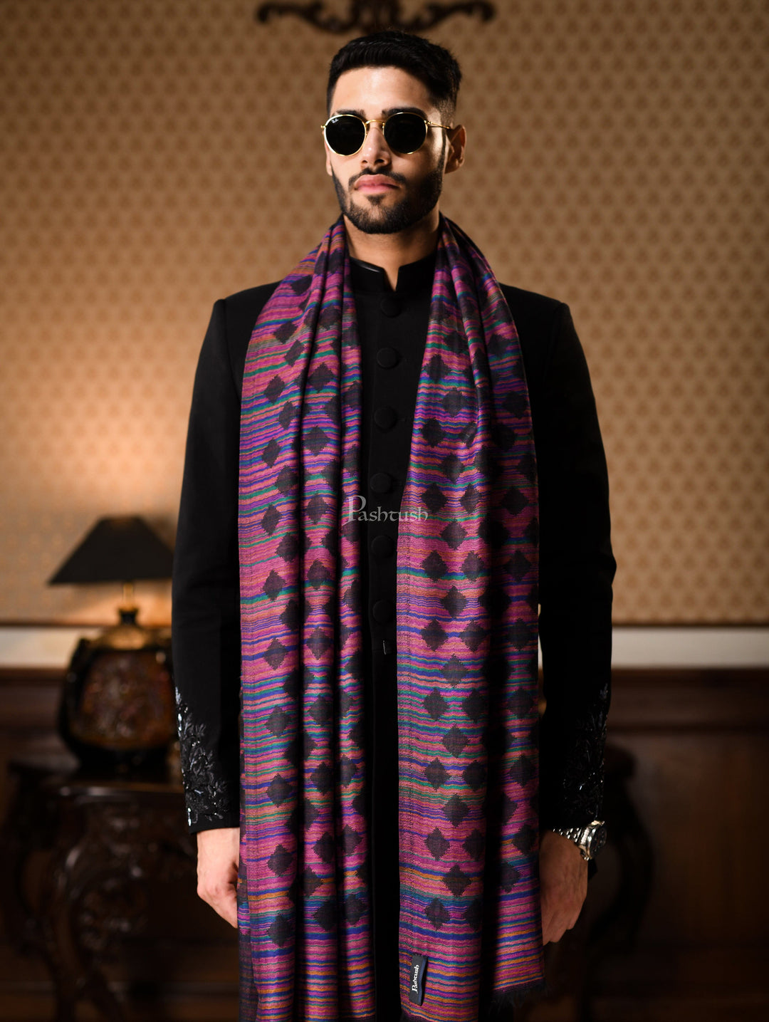 Pashtush India Gift Pack Pashtush His And Her Gift Set Of Pure Wool Stole and Shawl With Wooden Chester Box, Multicolour and Red