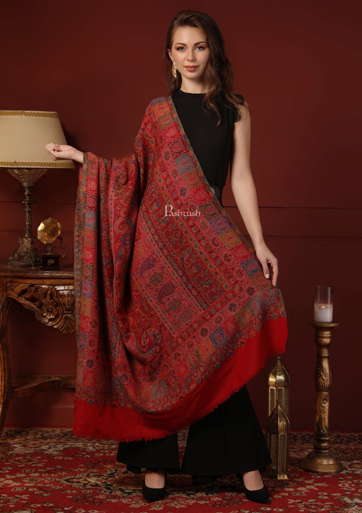 Pashtush India Gift Pack Pashtush His And Her Gift Set Of Pure Wool Stole and Shawl With Wooden Chester Box, Multicolour and Red