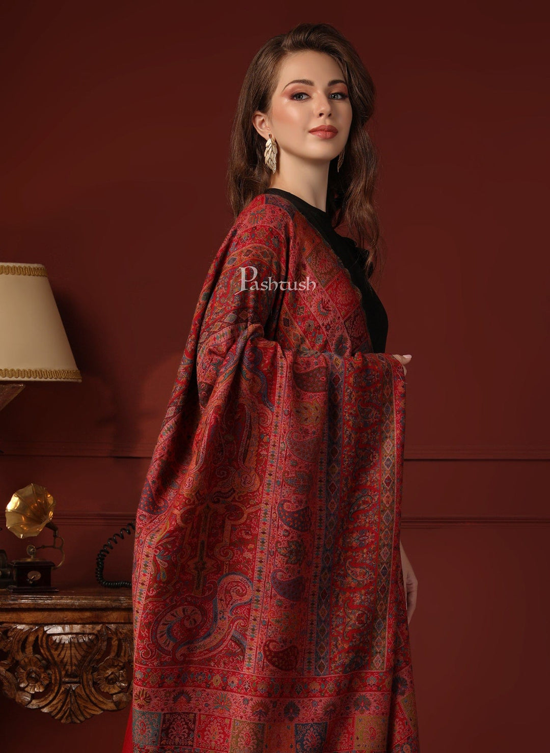 Pashtush India Gift Pack Pashtush His And Her Gift Set Of Pure Wool Stole and Shawl With Wooden Chester Box, Multicolour and Red