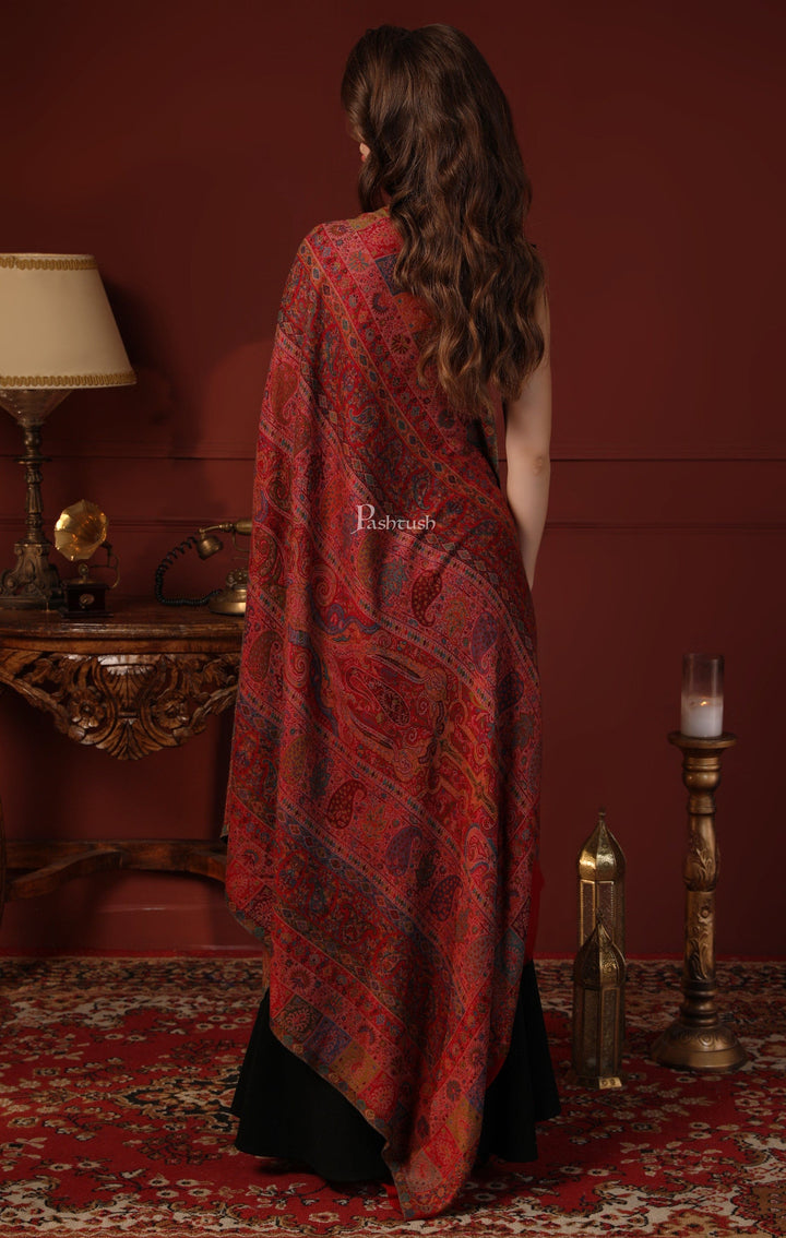 Pashtush India Gift Pack Pashtush His And Her Gift Set Of Pure Wool Stole and Shawl With Wooden Chester Box, Multicolour and Red