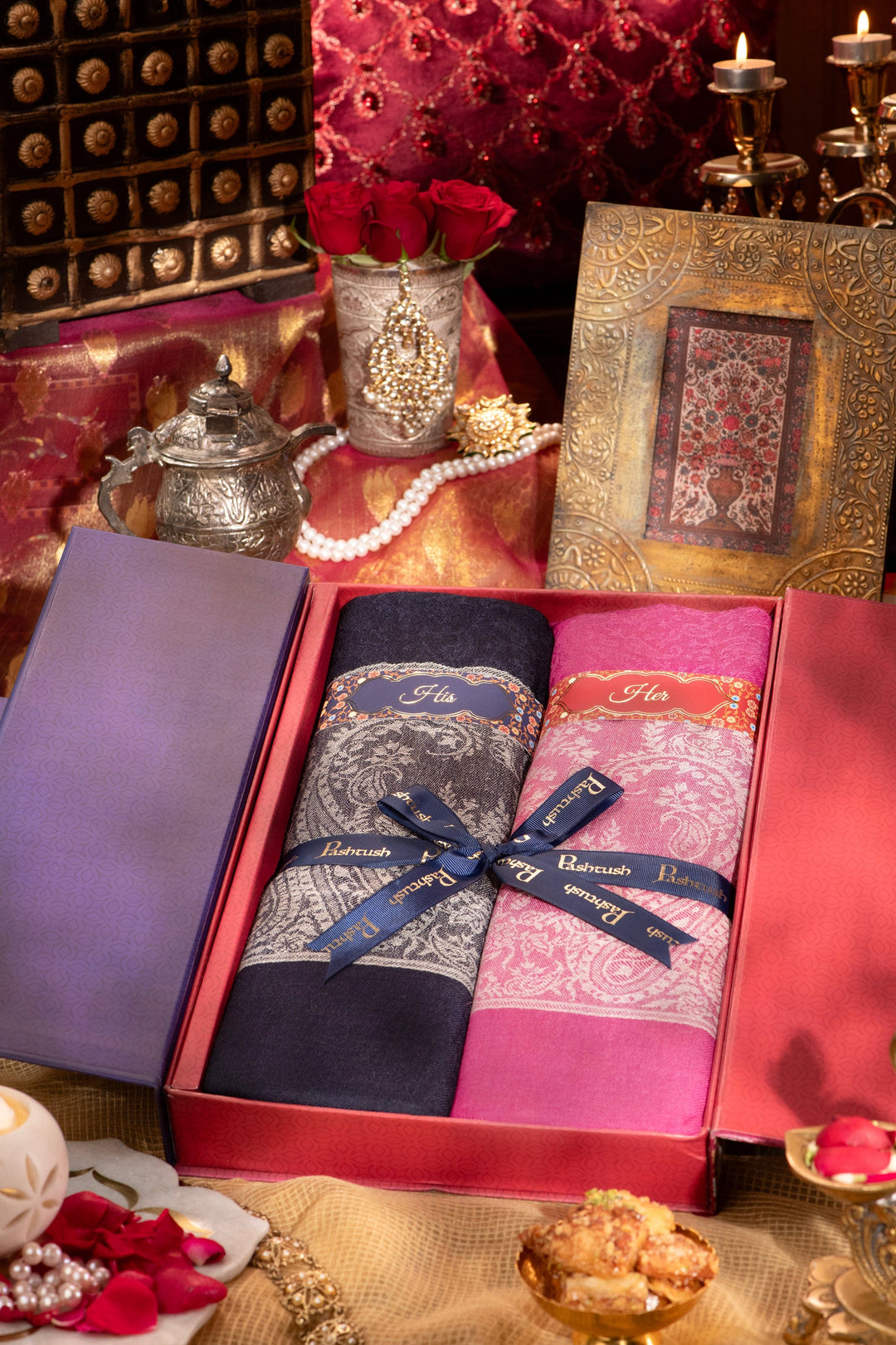 Pashtush India Gift Pack Pashtush His And Her Gift Set Of Reversible Paisley Design Stoles With Premium Gift Box Packaging, Navy Blue and Powder Pink