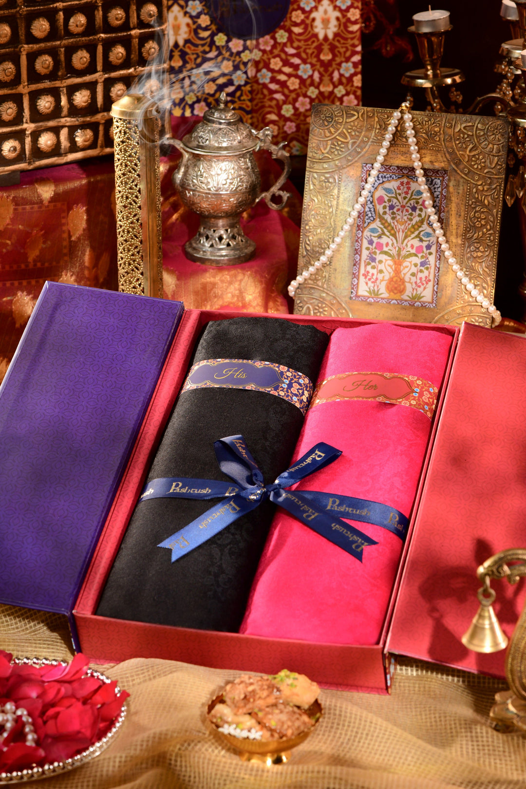 Pashtush India Gift Pack Pashtush His And Her Gift Set Of Reversible Self Design Stoles With Premium Gift Box Packaging, Black and Neon Pink
