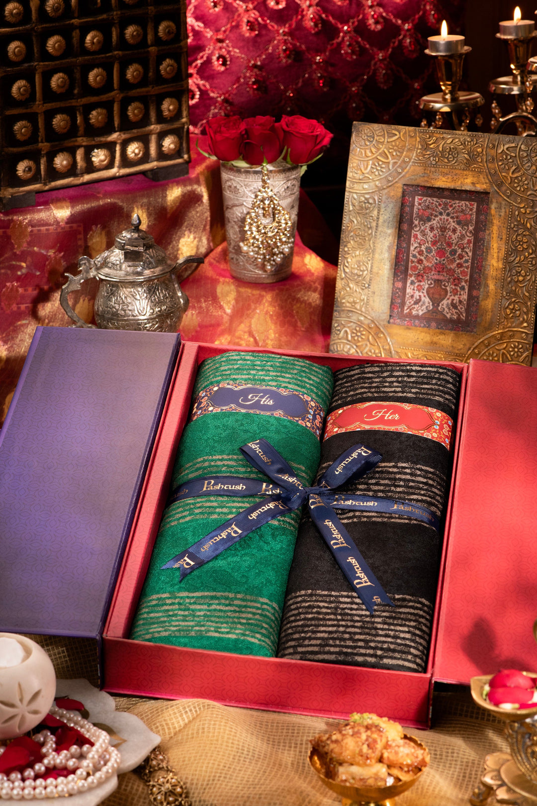Pashtush India Gift Pack Pashtush His And Her Gift Set Of Reversible Stripe Design Stoles With Premium Gift Box Packaging, Bottle Green and Black