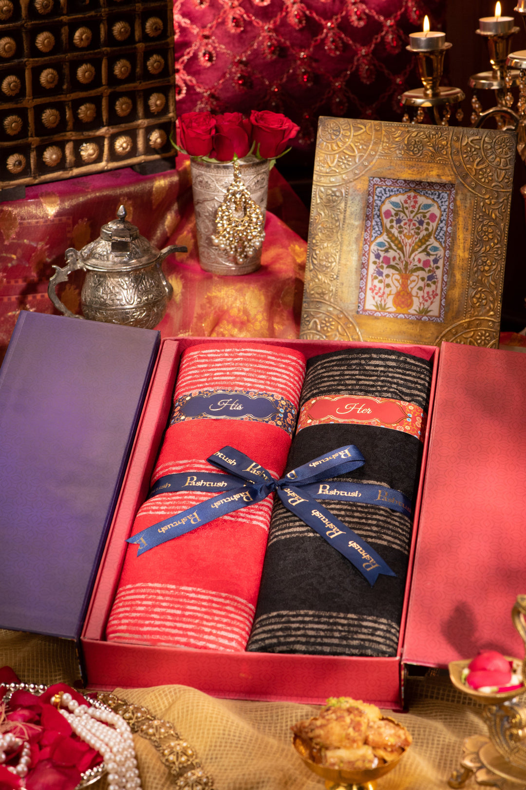 Pashtush India Gift Pack Pashtush His And Her Gift Set Of Reversible Stripe Design Stoles With Premium Gift Box Packaging, Red and Black