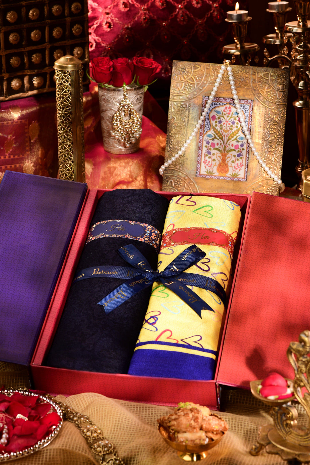 Pashtush India Gift Pack Pashtush His And Her Gift Set Of Self and Bamboo Printed Stoles With Premium Gift Box Packaging, Navy Blue and Multi color
