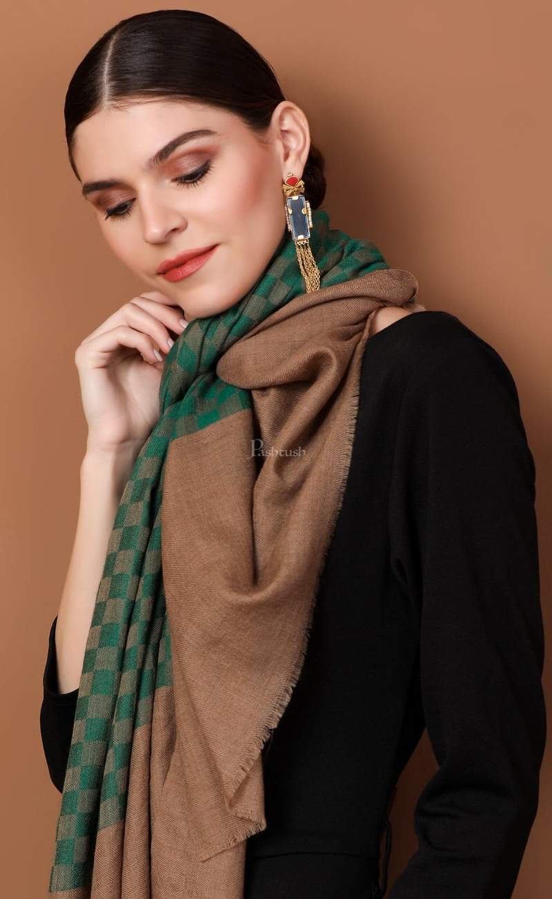 Pashtush India Gift Pack Pashtush His And Her Gift Set Of Self Checkered Stoles With Premium Gift Box Packaging, Beige and Bottle Green