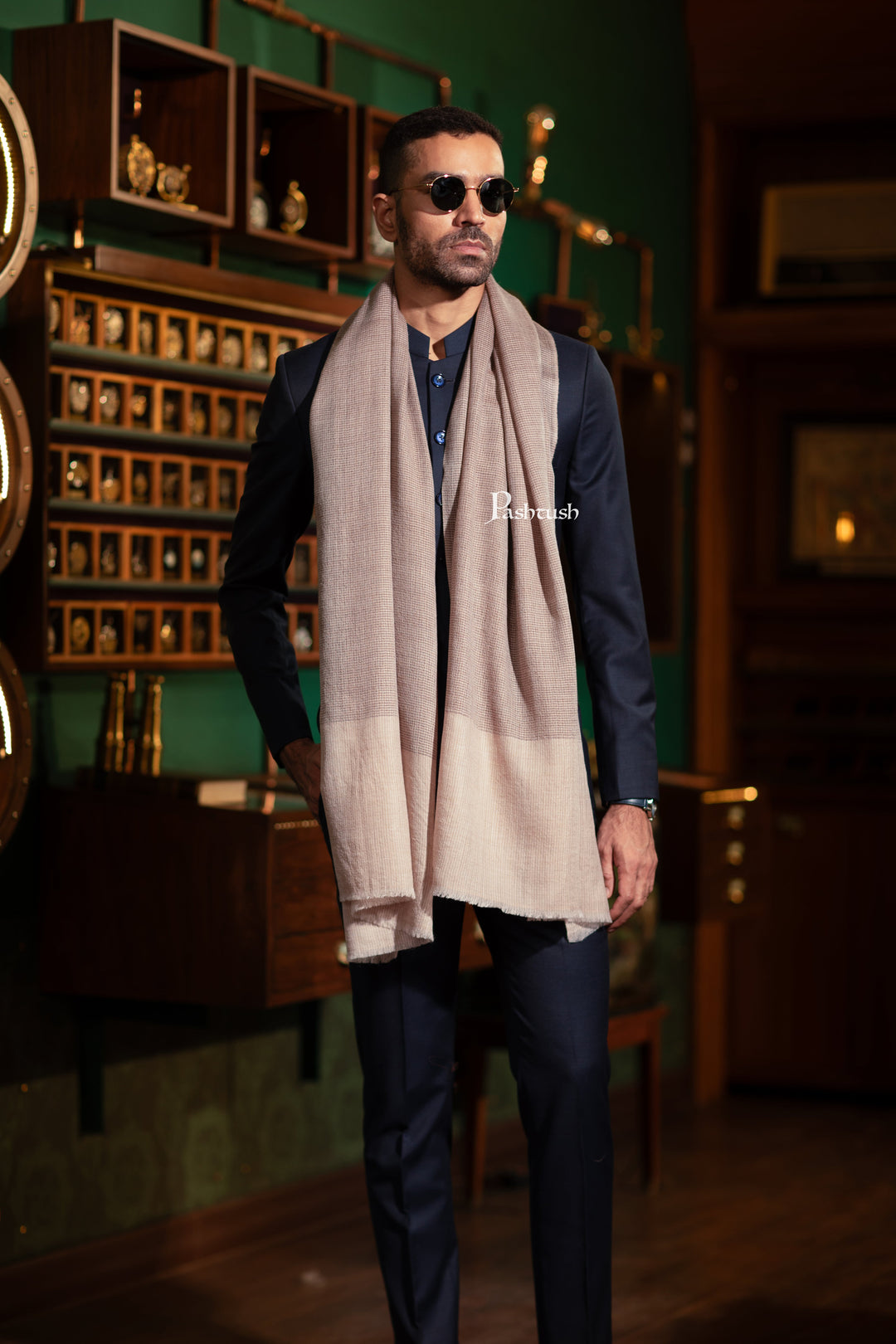 Pashtush India Gift Pack Pashtush His And Her Gift Set Of Silk Wool Stoles With Premium Gift Box Packaging, Houndstooth Weave, Taupe and Soft Pink