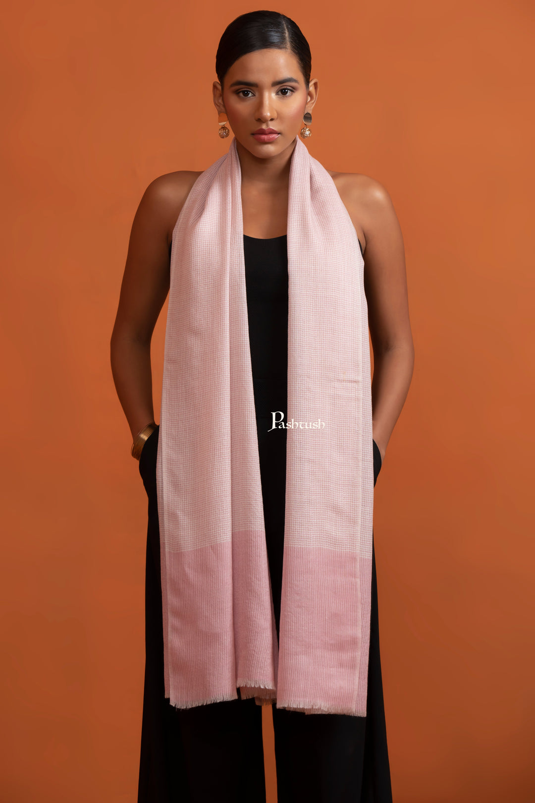 Pashtush India Gift Pack Pashtush His And Her Gift Set Of Silk Wool Stoles With Premium Gift Box Packaging, Houndstooth Weave, Taupe and Soft Pink