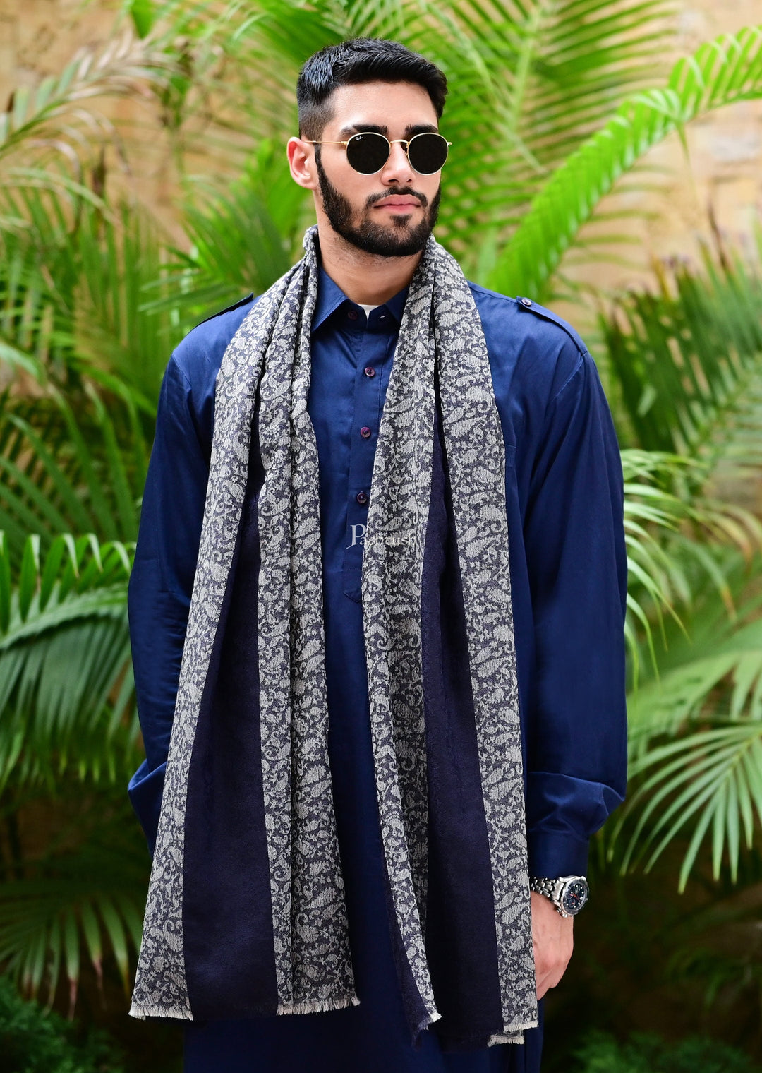 Pashtush India Gift Pack Pashtush His And Her Gift Set Of Striped Design Stoles With Premium Gift Box Packaging, Navy Blue and Pink