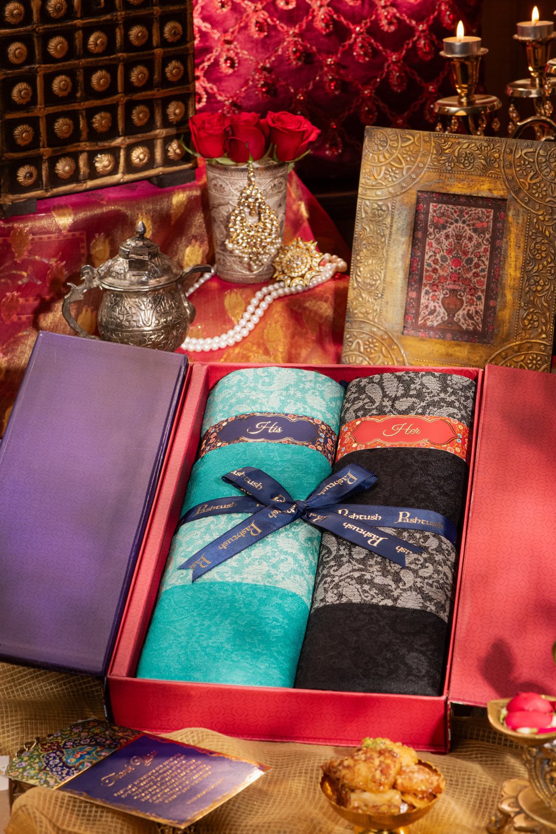 Pashtush India Gift Pack Pashtush His And Her Gift Set Of Striped Design Stoles With Premium Gift Box Packaging, Sea Green and Black
