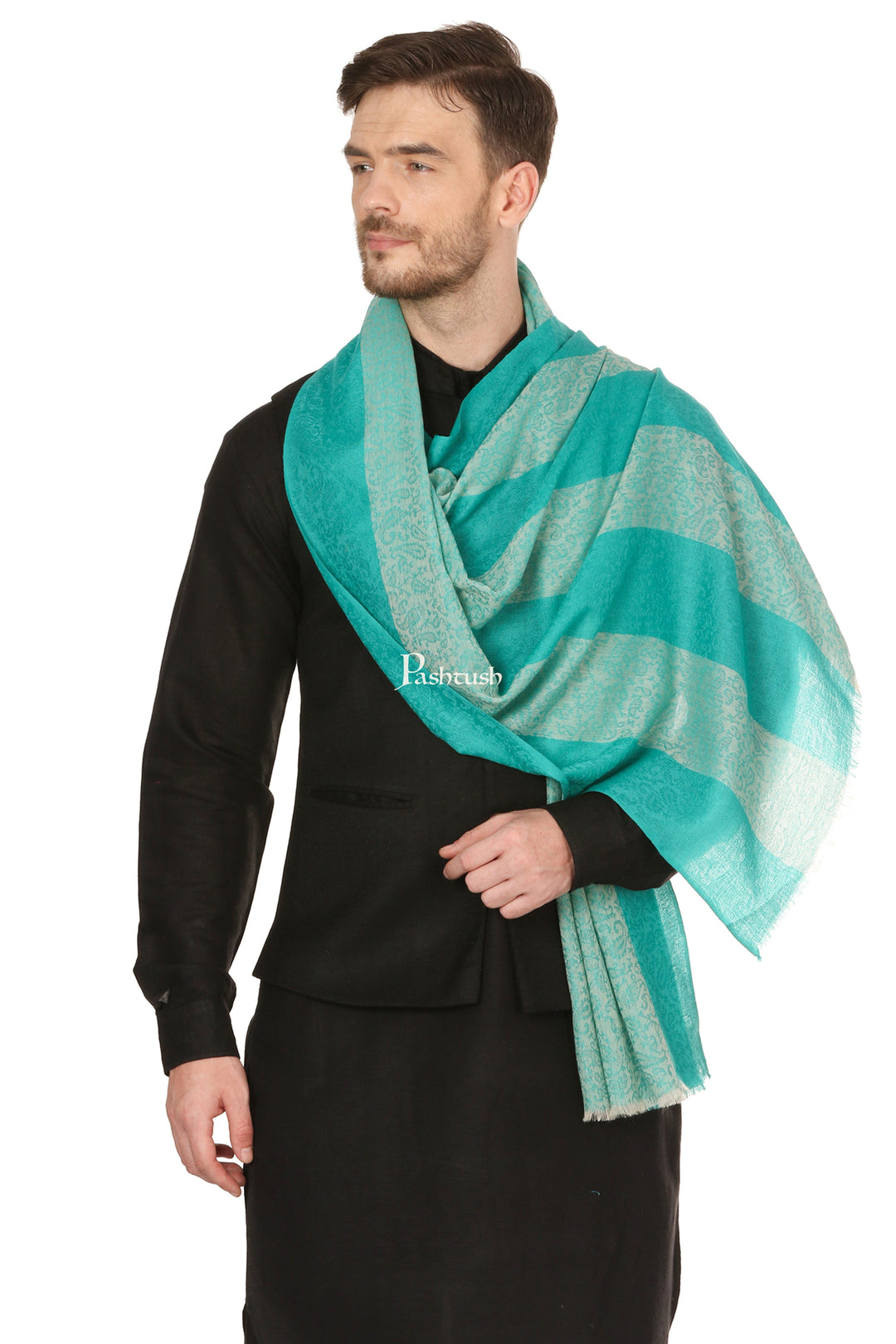 Pashtush India Gift Pack Pashtush His And Her Gift Set Of Striped Design Stoles With Premium Gift Box Packaging, Sea Green and Black