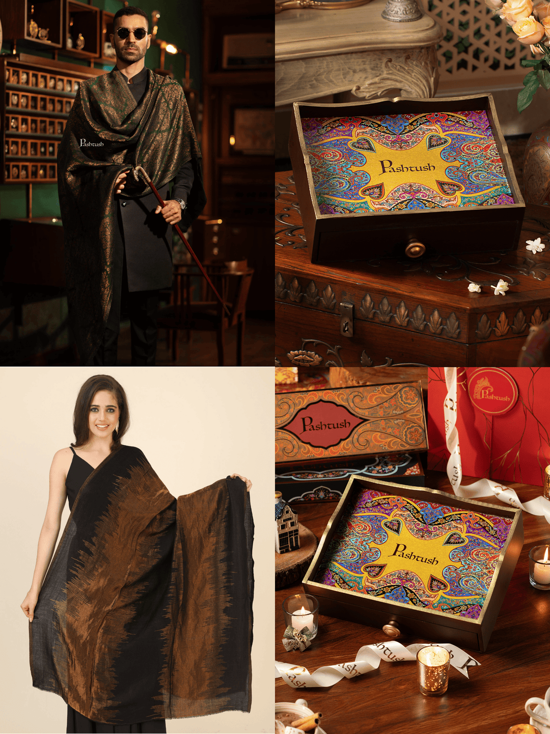 Pashtush India Gift Pack Pashtush His and Her Gift Set of Twilight Stole and Shawl, Emerald Green and Black, Packaged in Keepsake Wooden Chester Gift Box