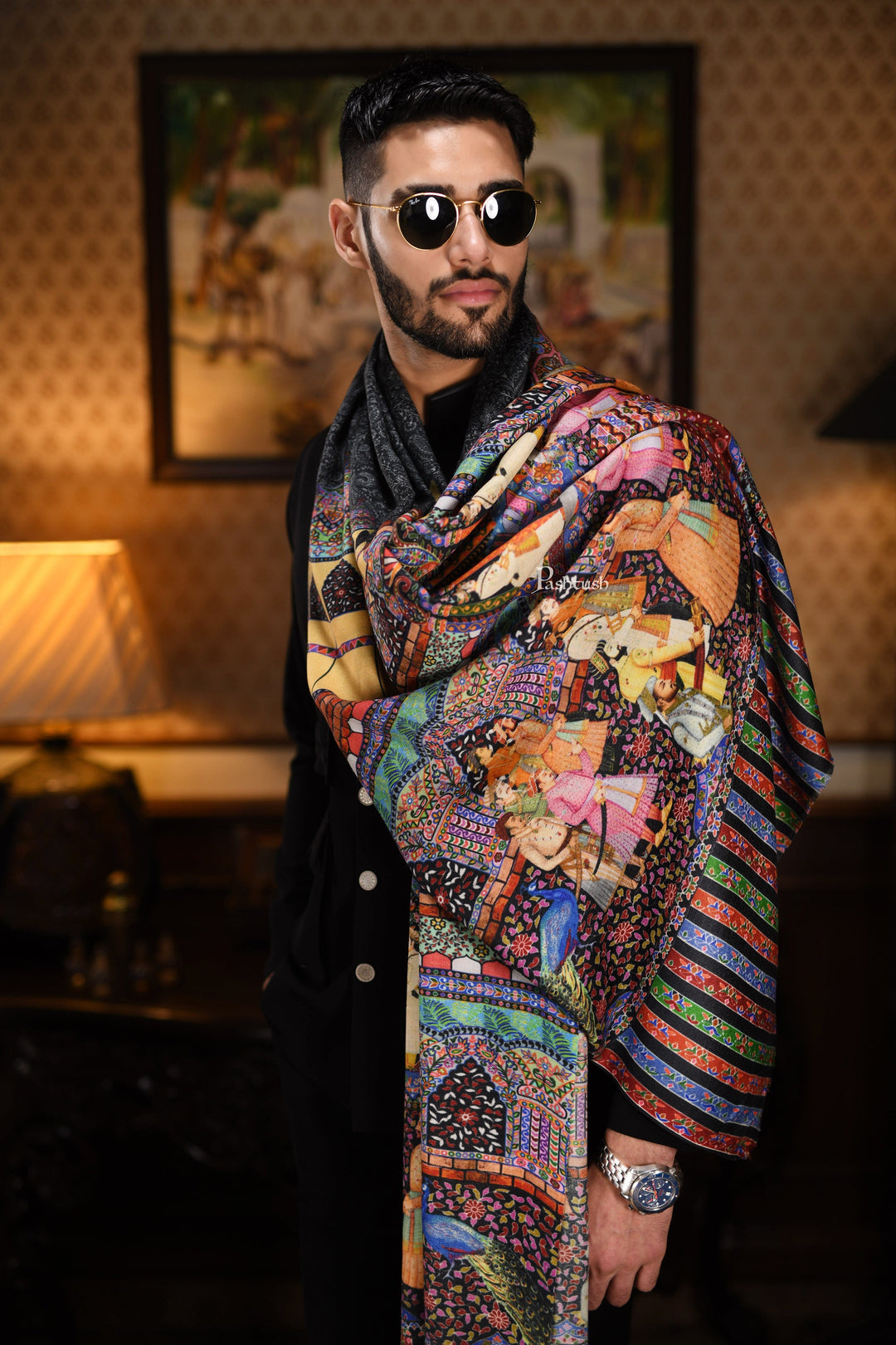 Pashtush India Gift Pack Pashtush His And Her Set Of 100% Pure Wool Printed Stole and Shawl With Wooden Chester Box, Multicolour