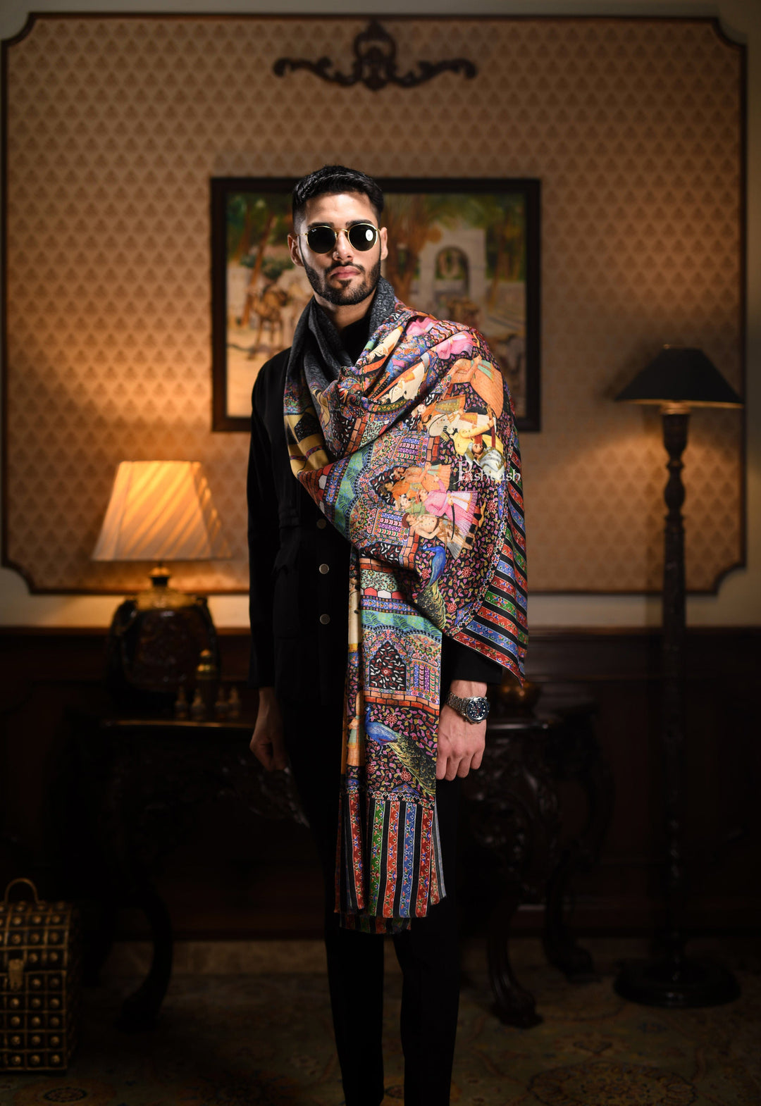 Pashtush India Gift Pack Pashtush His And Her Set Of 100% Pure Wool Printed Stole and Shawl With Wooden Chester Box, Multicolour