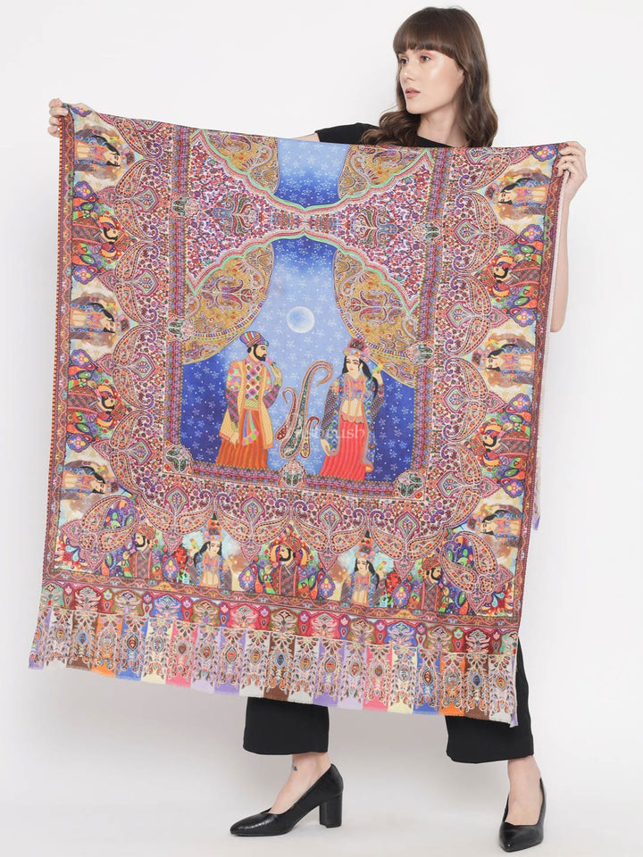 Pashtush India Gift Pack Pashtush His And Her Set Of 100% Pure Wool Printed Stole and Shawl With Wooden Chester Box, Multicolour