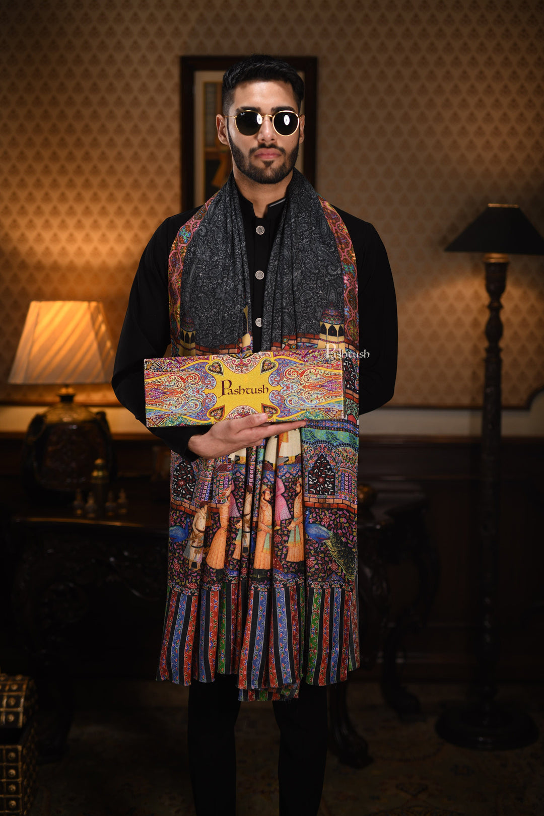 Pashtush India Gift Pack Pashtush His And Her Set Of 100% Pure Wool Printed Stole and Shikaardar Shawl With Wooden Chester Box, Multicolour and Red