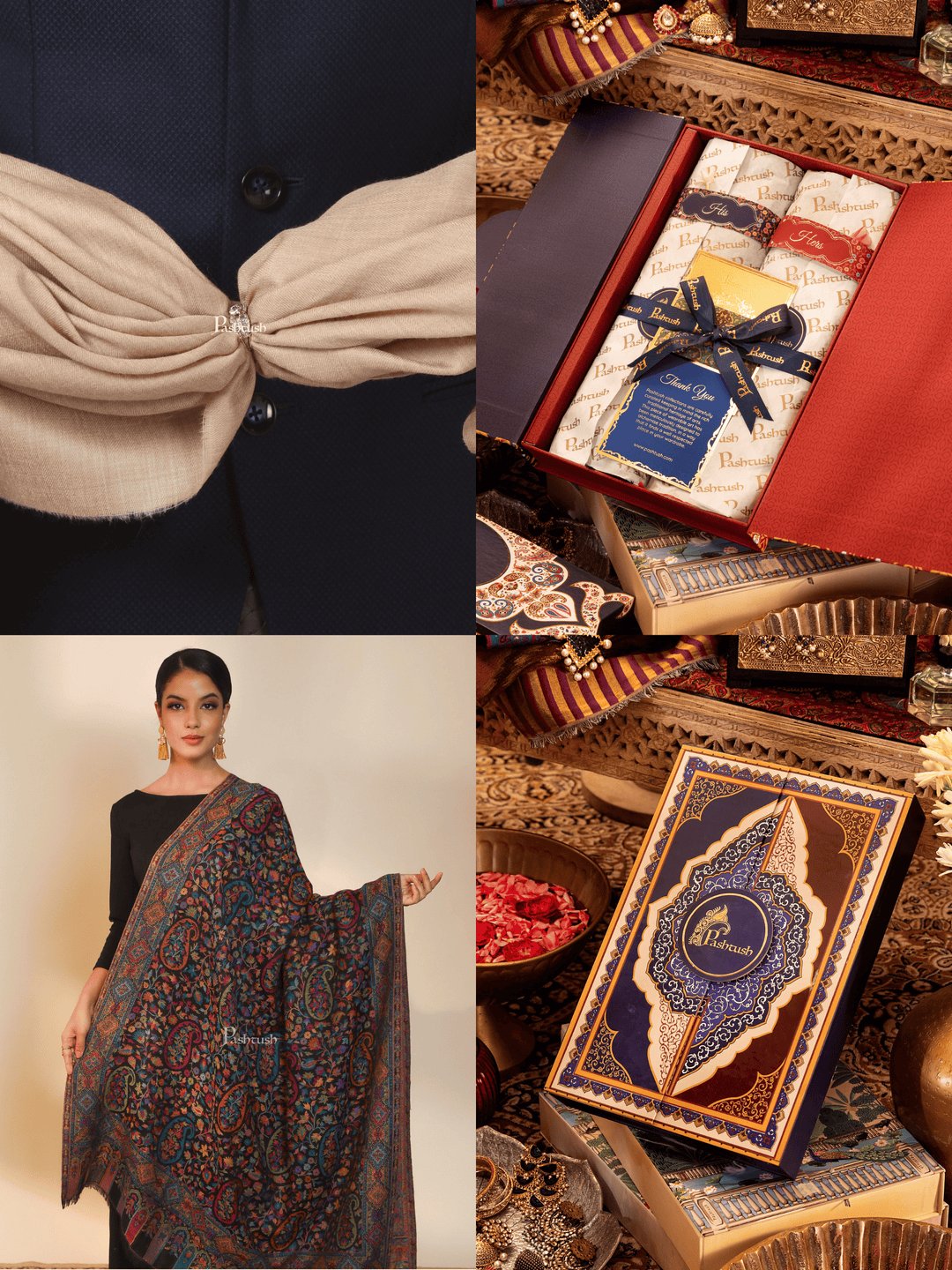 Pashtush India Gift Pack Pashtush His And Her Set Of 100% Pure Wool Shawls, Premium Gift Box Packaging, Beige and Black