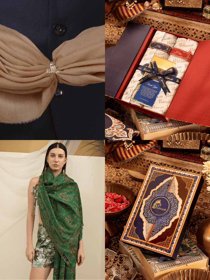 Pashtush India Gift Pack Pashtush His And Her Set Of 100% Pure Wool Shawls, Premium Gift Box Packaging, Taupe and Green