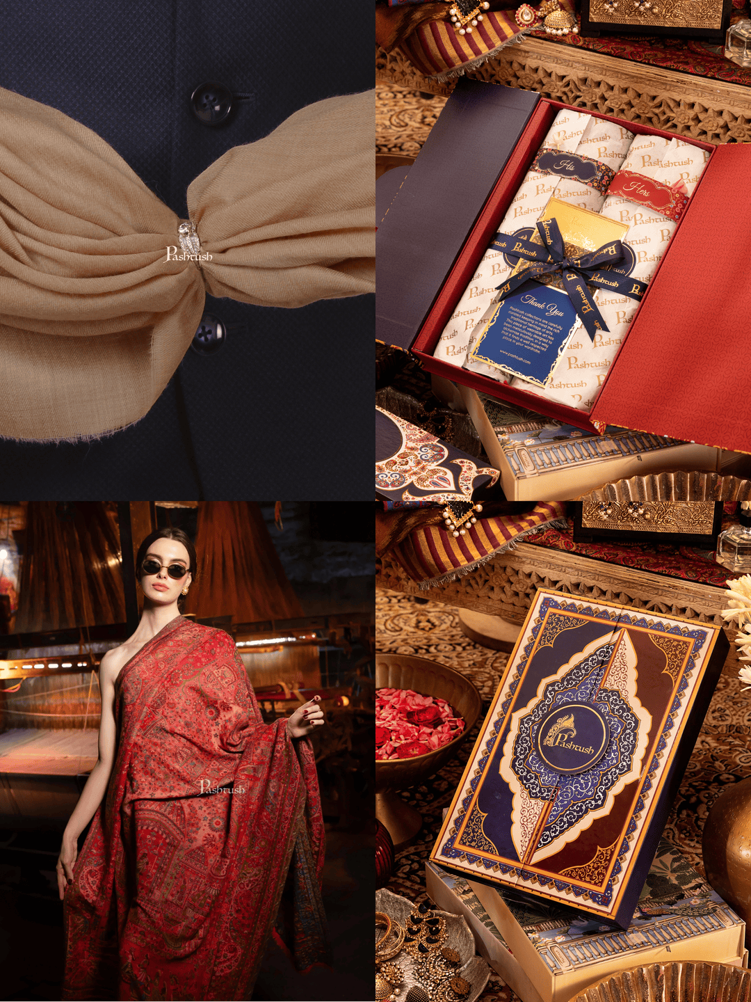 Pashtush India Gift Pack Pashtush His And Her Set Of 100% Pure Wool Shawls, Premium Gift Box Packaging, Taupe and Rose