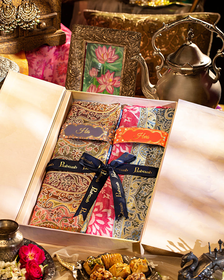 Pashtush India Gift Pack Pashtush His And Her Set Of Bamboo Stole With Premium Gift Box Packaging, Blue and Pink