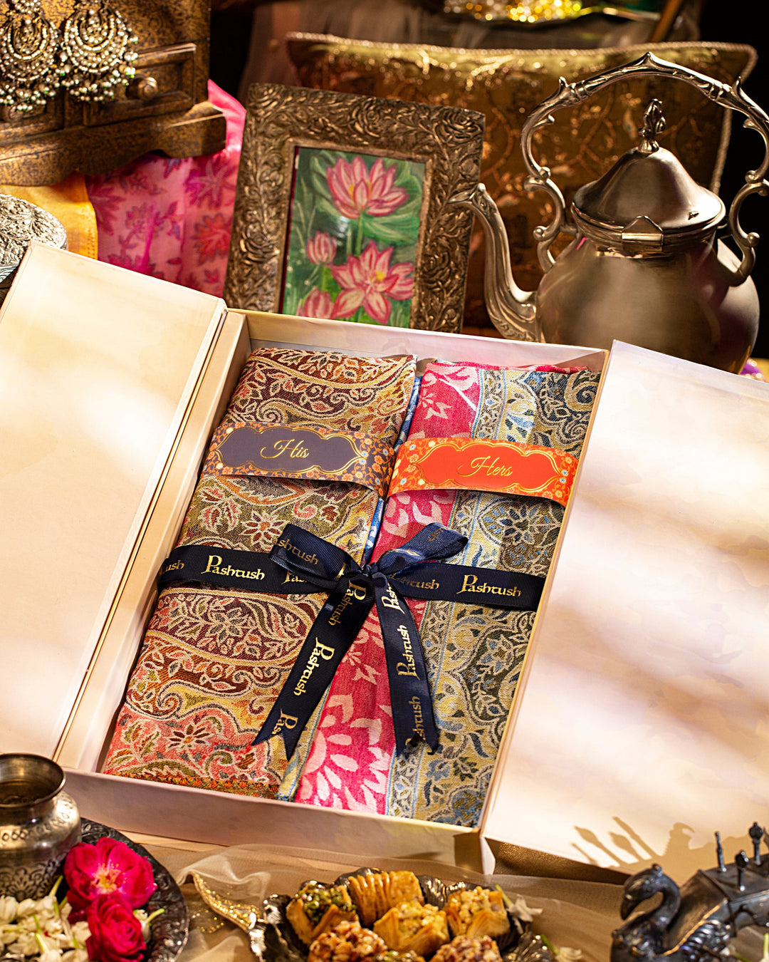 Pashtush India Gift Pack Pashtush His And Her Set Of Bamboo Stole With Premium Gift Box Packaging, Blue and Pink