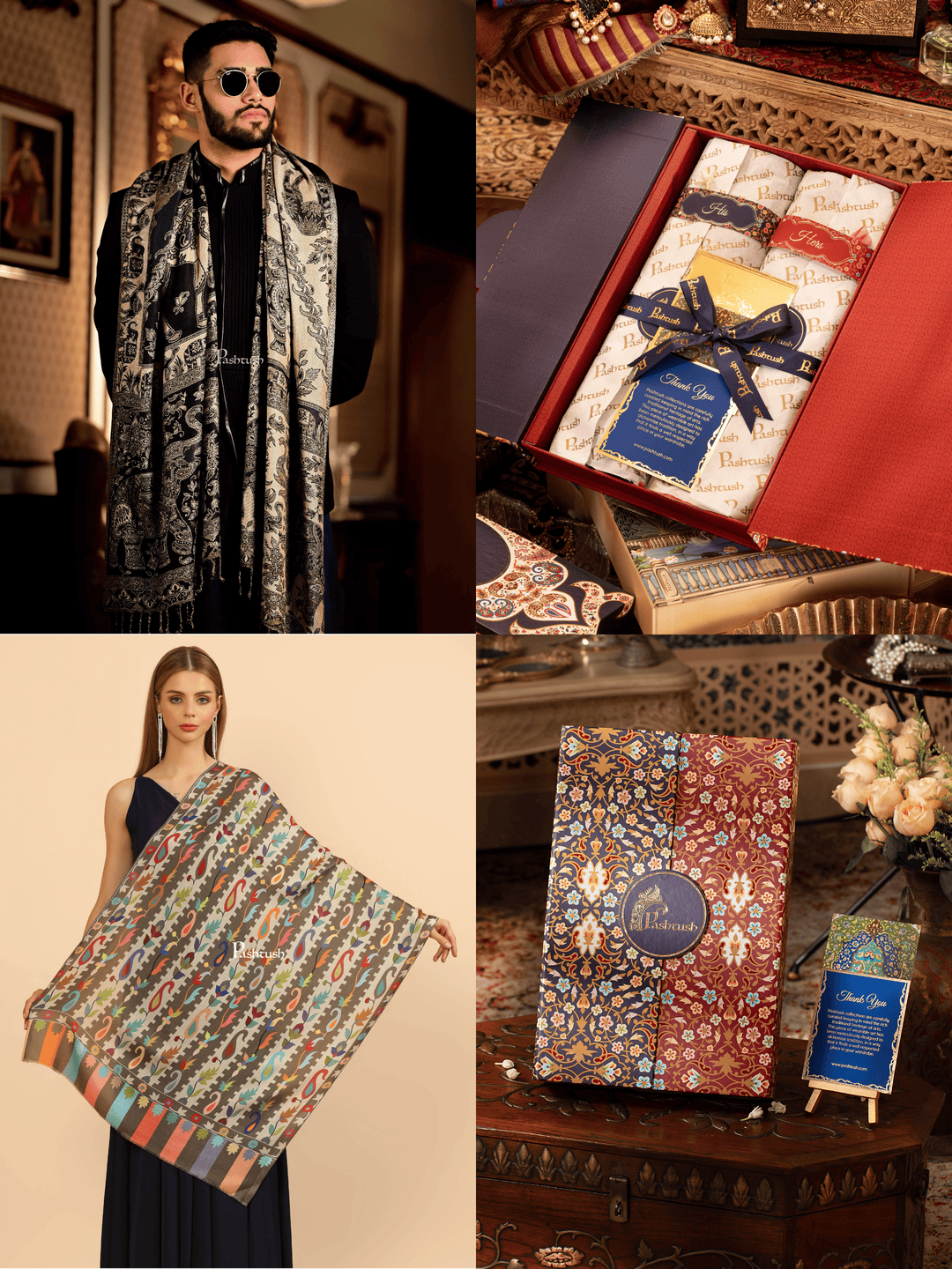 Pashtush India Gift Pack Pashtush His And Her Set Of Bamboo Stoles, Premium Gift Box Packaging, Black and Multicoloured