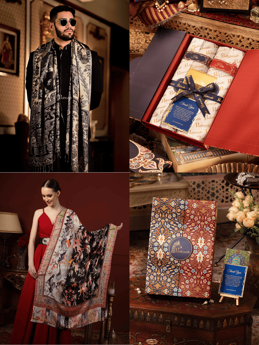 Pashtush India Gift Pack Pashtush His And Her Set Of Bamboo Stoles, Premium Gift Box Packaging, Black and Multicoloured