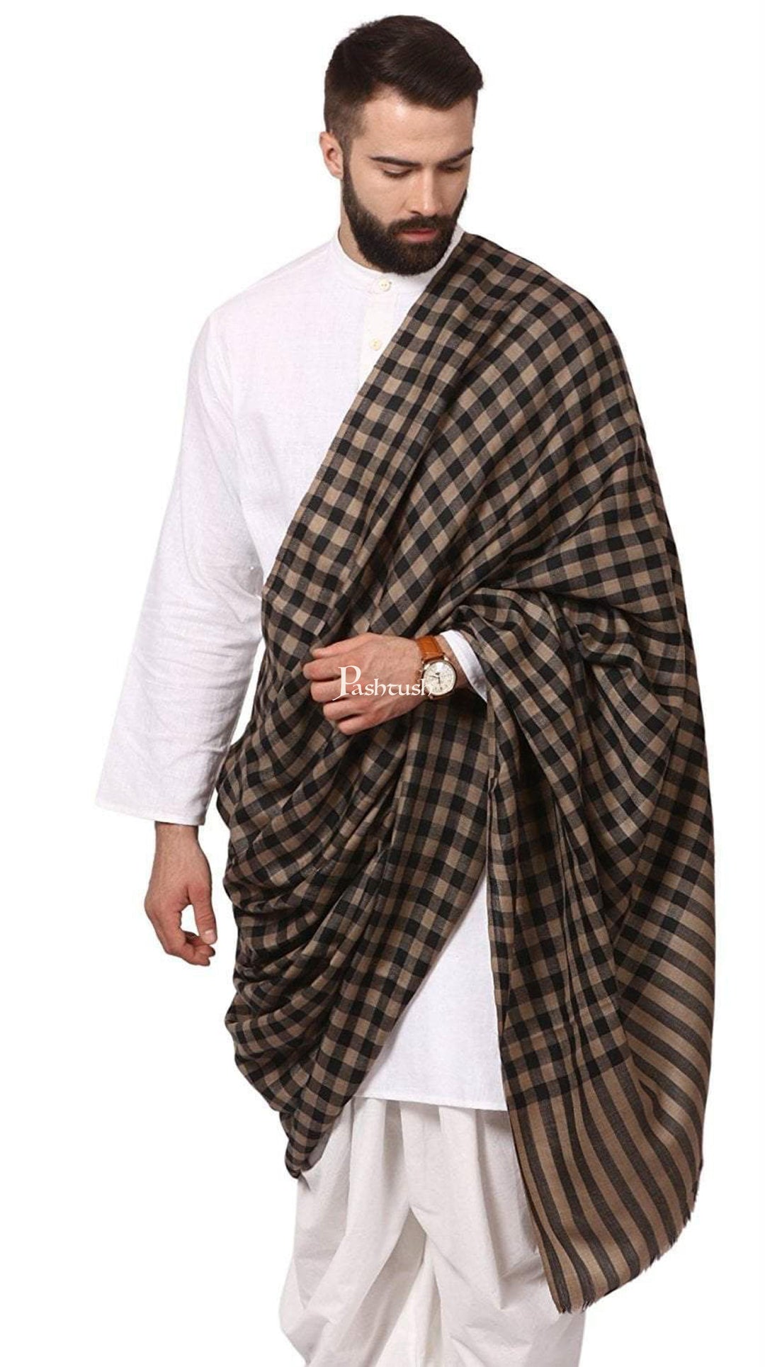 Pashtush India Gift Pack Pashtush His And Her Set Of Check Shawl and Ethnic Palla Shawl With Premium Gift Box Packaging, Black and Orange