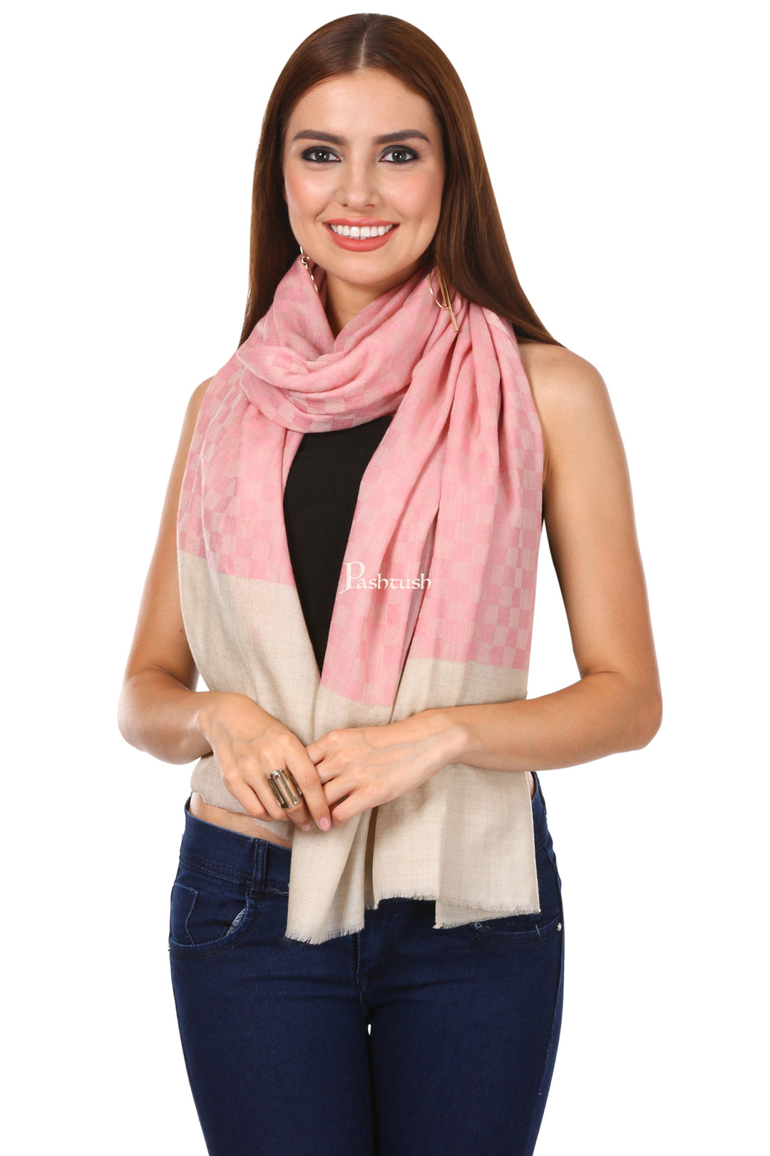 Pashtush India Gift Pack Pashtush His And Her Set Of Checkered Stoles With Premium Gift Box Packaging, Black And Powder Pink