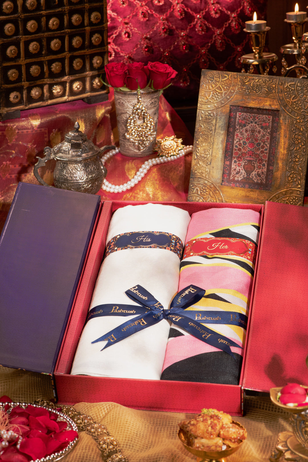 Pashtush India Gift Pack Pashtush His And Her Set Of Fine Wool and Printed Bamboo Stoles With Premium Gift Box Packaging, Ivory and Multicolour