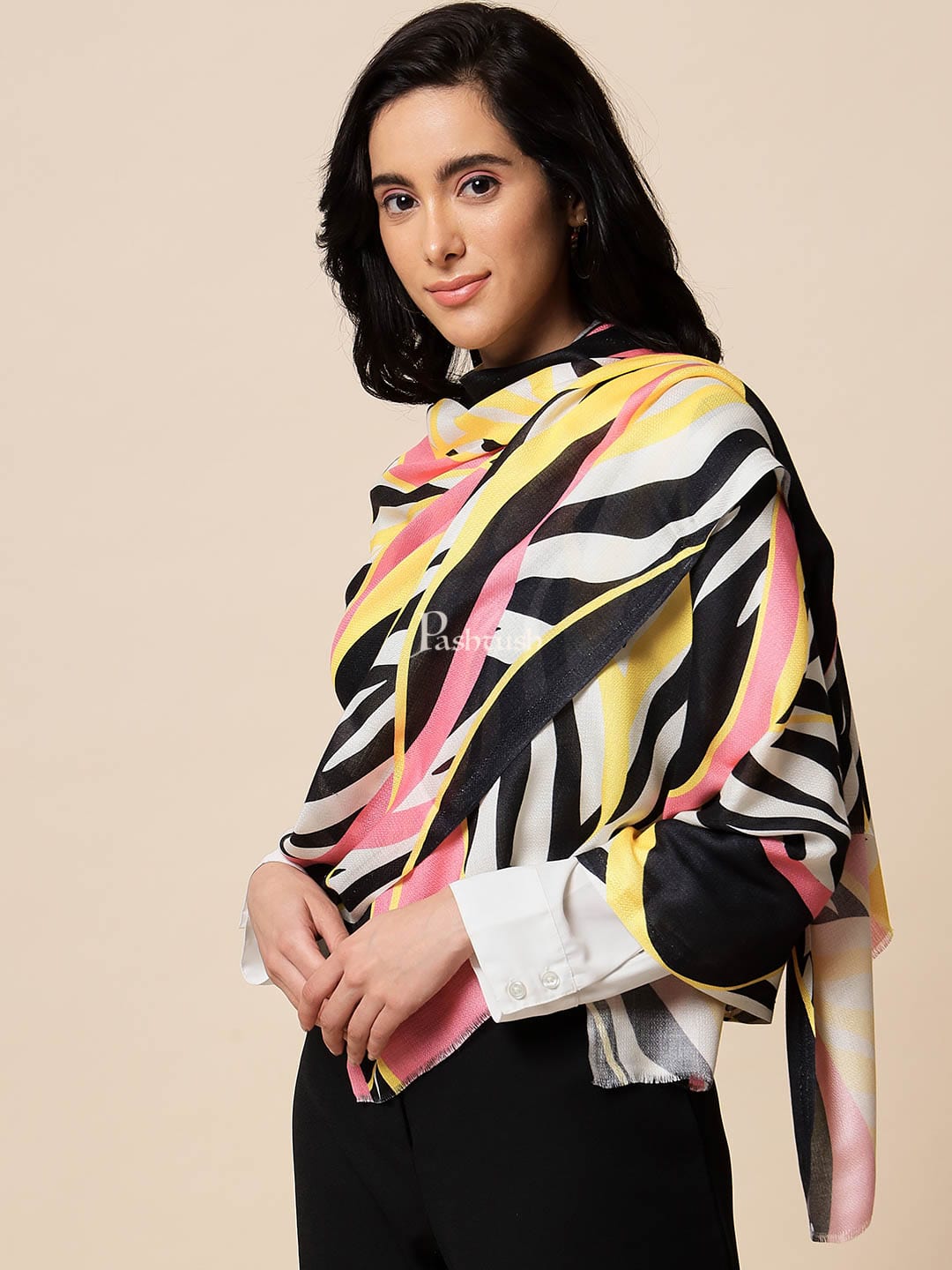 Pashtush India Gift Pack Pashtush His And Her Set Of Fine Wool and Printed Bamboo Stoles With Premium Gift Box Packaging, Ivory and Multicolour