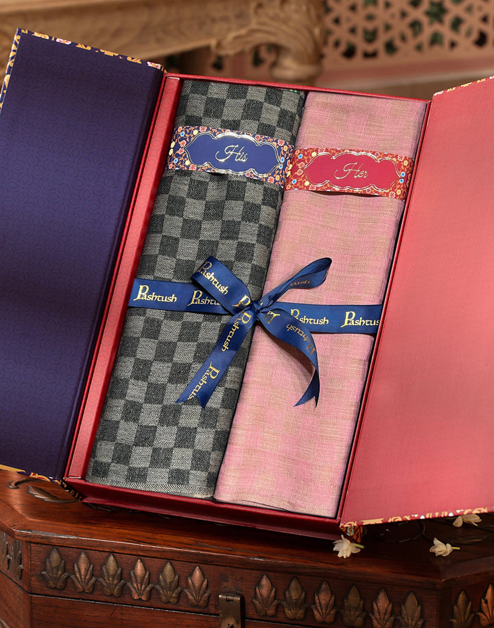 Pashtush India Gift Pack Pashtush His And Her Set Of Fine Wool Checkerd Stoles, Premium Gift Box Packaging, Black & Powder Pink
