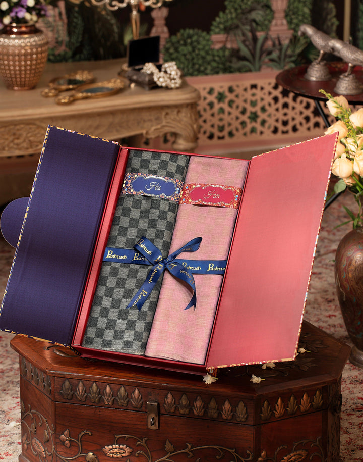 Pashtush India Gift Pack Pashtush His And Her Set Of Fine Wool Checkerd Stoles, Premium Gift Box Packaging, Black &amp; Powder Pink