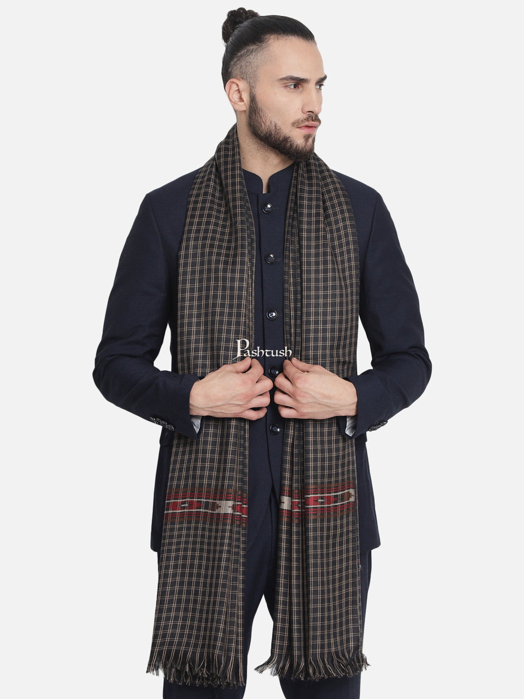 Pashtush India Gift Pack Pashtush His And Her Set Of Fine Wool Checkered Stole and Shawl With Premium Gift Box Packaging, Black and Red