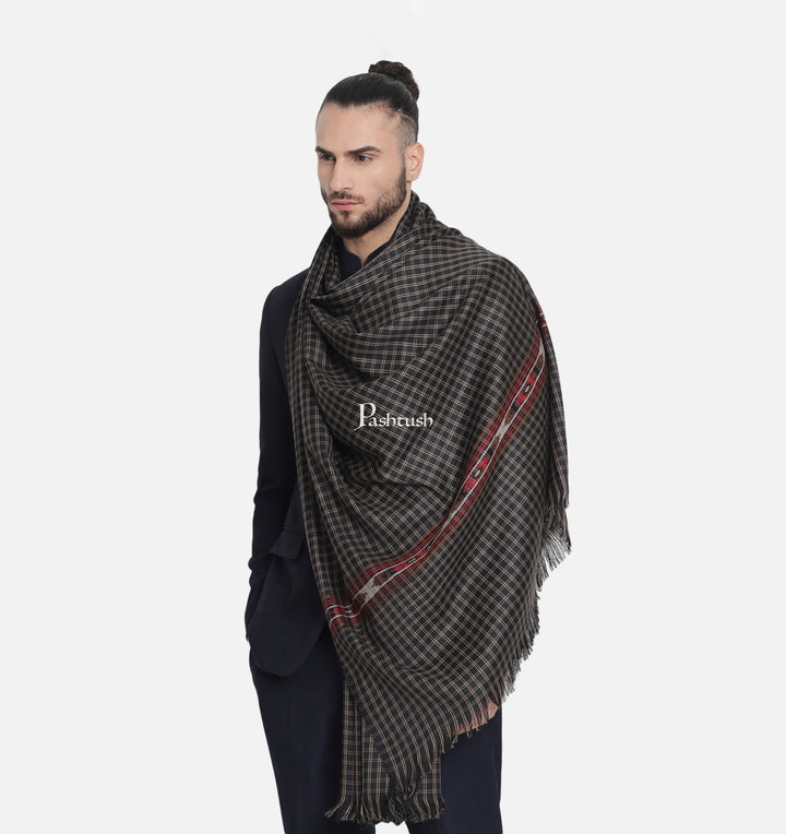 Pashtush India Gift Pack Pashtush His And Her Set Of Fine Wool Checkered Stole and Shawl With Premium Gift Box Packaging, Black and Red