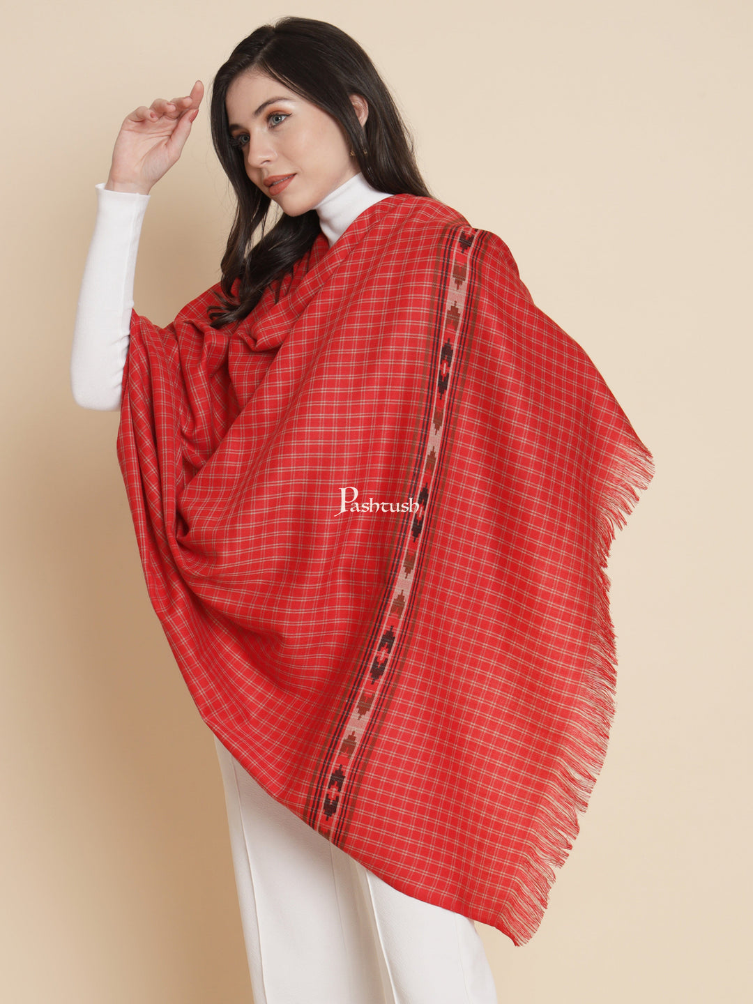 Pashtush India Gift Pack Pashtush His And Her Set Of Fine Wool Checkered Stole and Shawl With Premium Gift Box Packaging, Black and Red