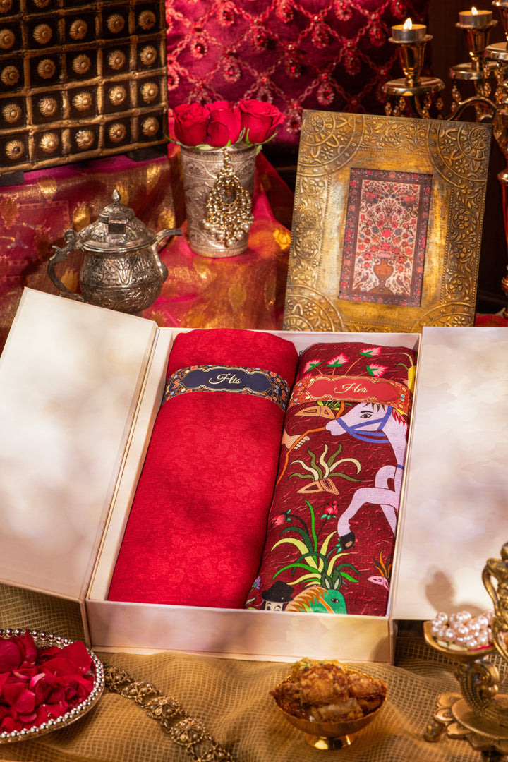 Pashtush India Gift Pack Pashtush His And Her Set Of Fine Wool Self Stole and Bamboo Stole With Premium Gift Box Packaging, Maroon and Multicolour