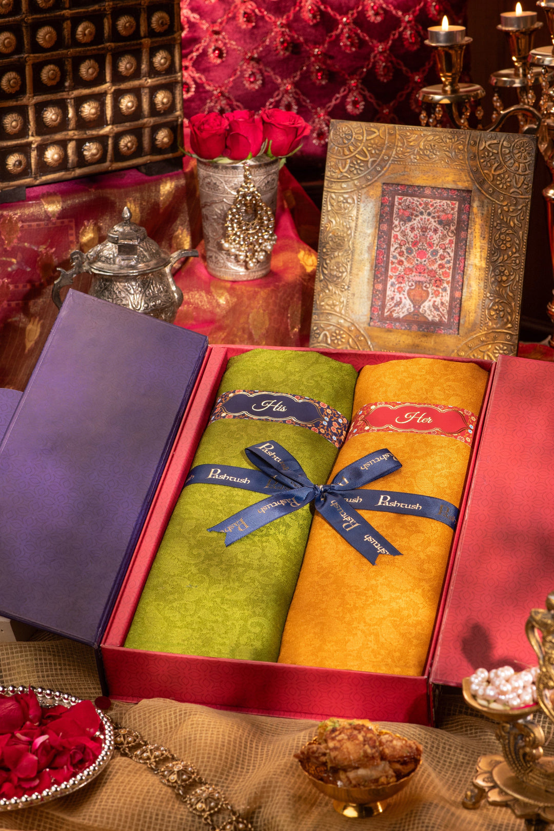 Pashtush India Gift Pack Pashtush His And Her Set Of Fine Wool Self Stoles With Premium Gift Box Packaging, Emerald Green and Mustard