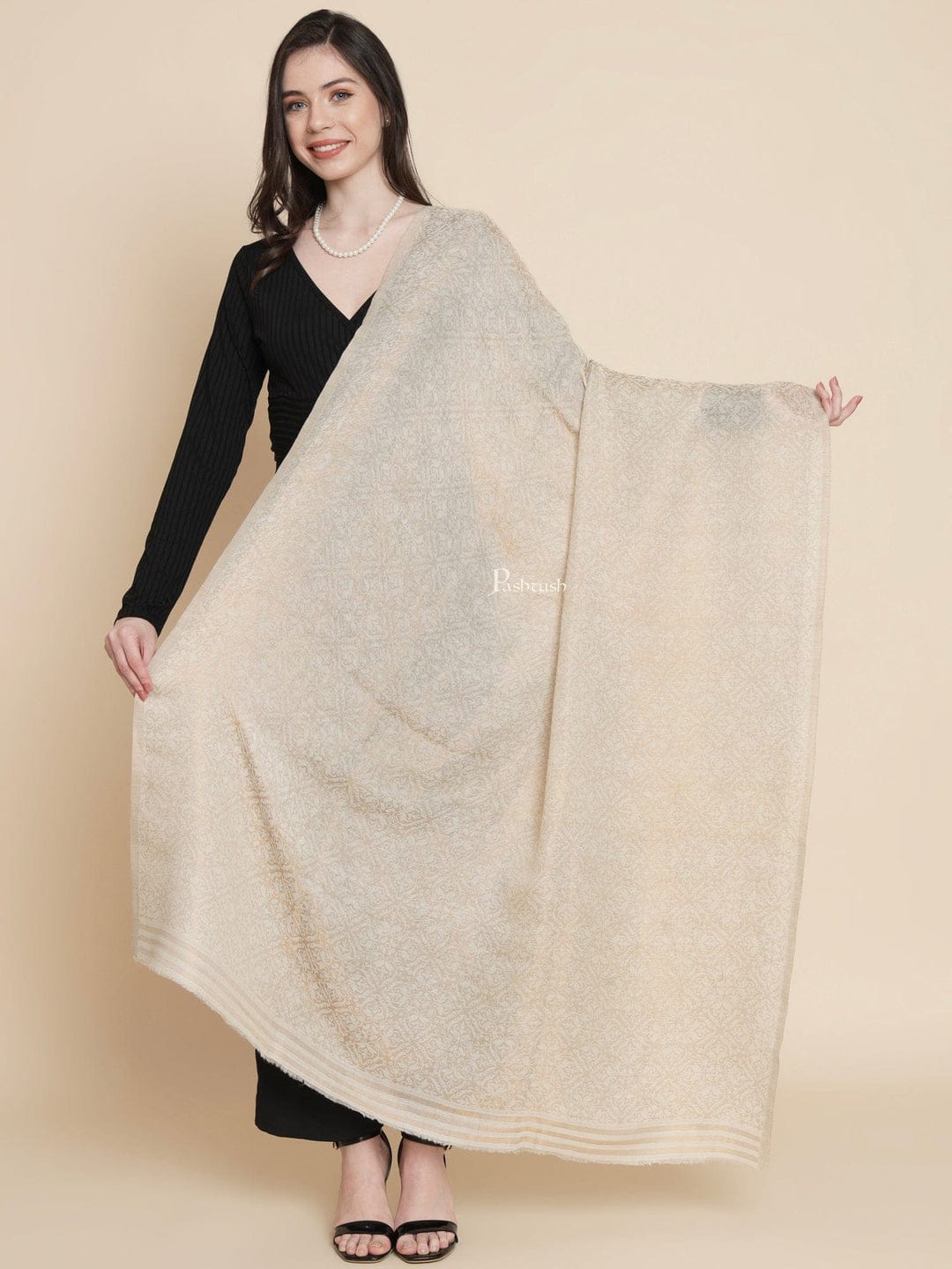 Pashtush India Gift Pack Pashtush His And Her Set Of Fine Wool Shawls, Premium Gift Box Packaging, Beige and Ivory
