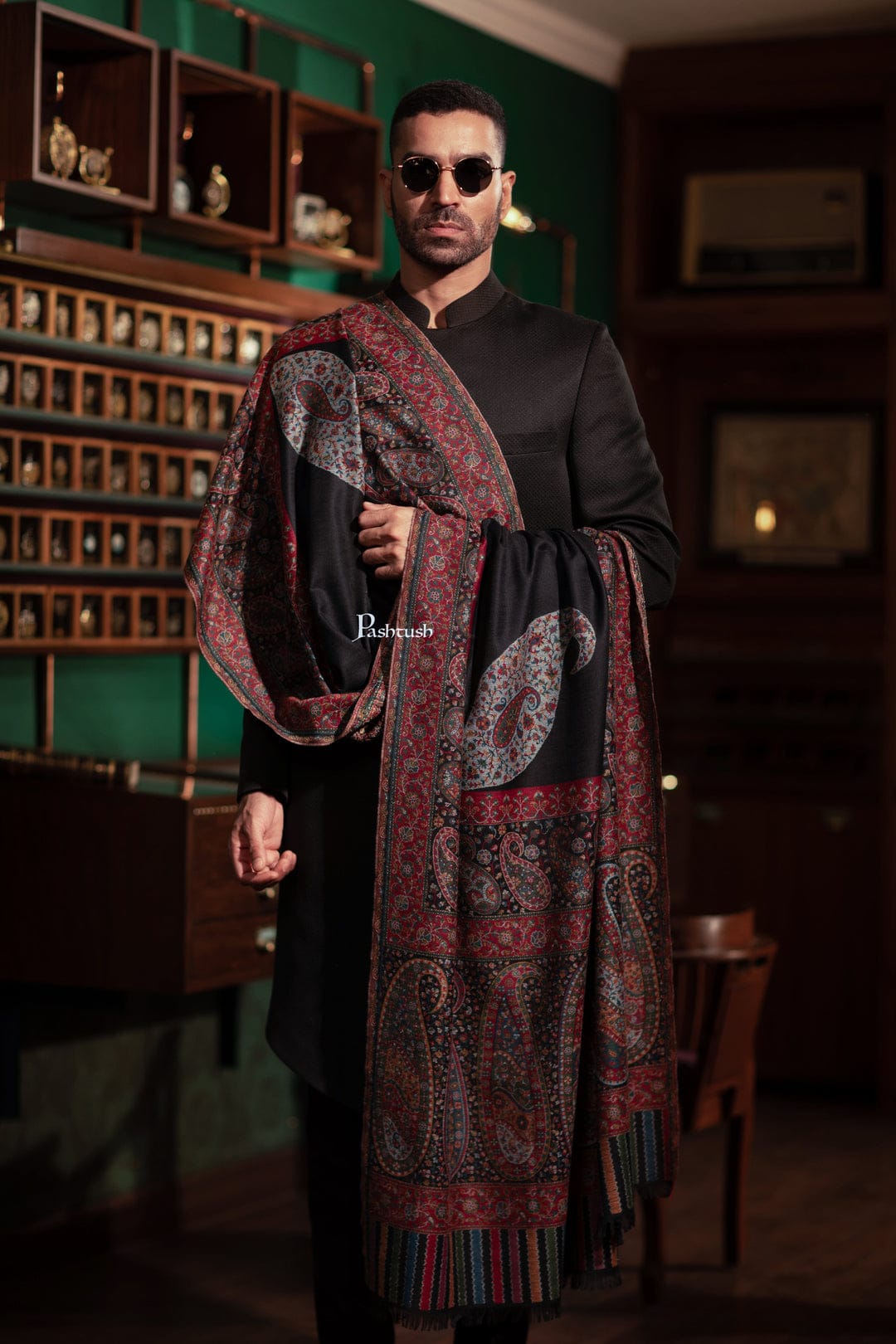 Pashtush India Gift Pack Pashtush His And Her Set Of Fine Wool Shawls, Premium Gift Box Packaging, Black and Beige