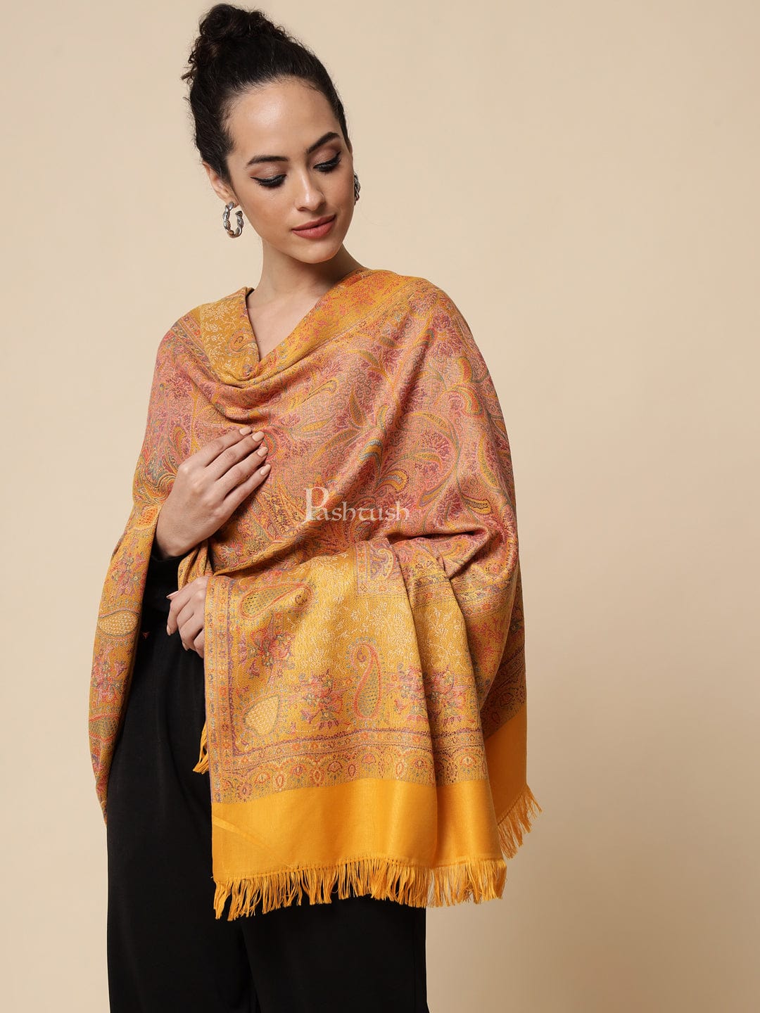 Pashtush India Gift Pack Pashtush His And Her Set Of Fine Wool Stole and Womens Faux , Premium Gift Box Packaging, Black &amp; Mustard