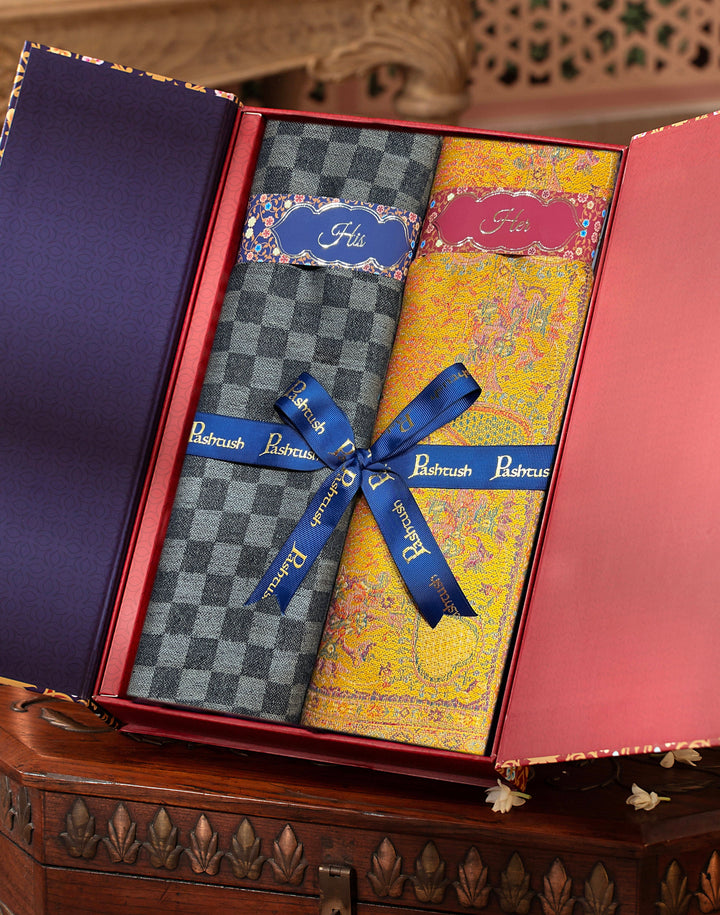Pashtush India Gift Pack Pashtush His And Her Set Of Fine Wool Stole and Womens Faux , Premium Gift Box Packaging, Black & Mustard