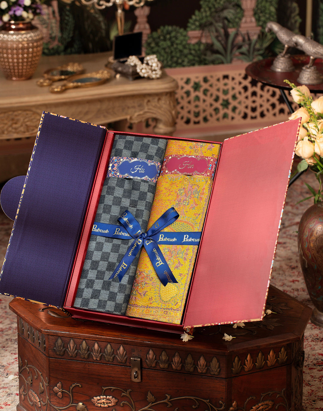 Pashtush India Gift Pack Pashtush His And Her Set Of Fine Wool Stole and Womens Faux , Premium Gift Box Packaging, Black & Mustard