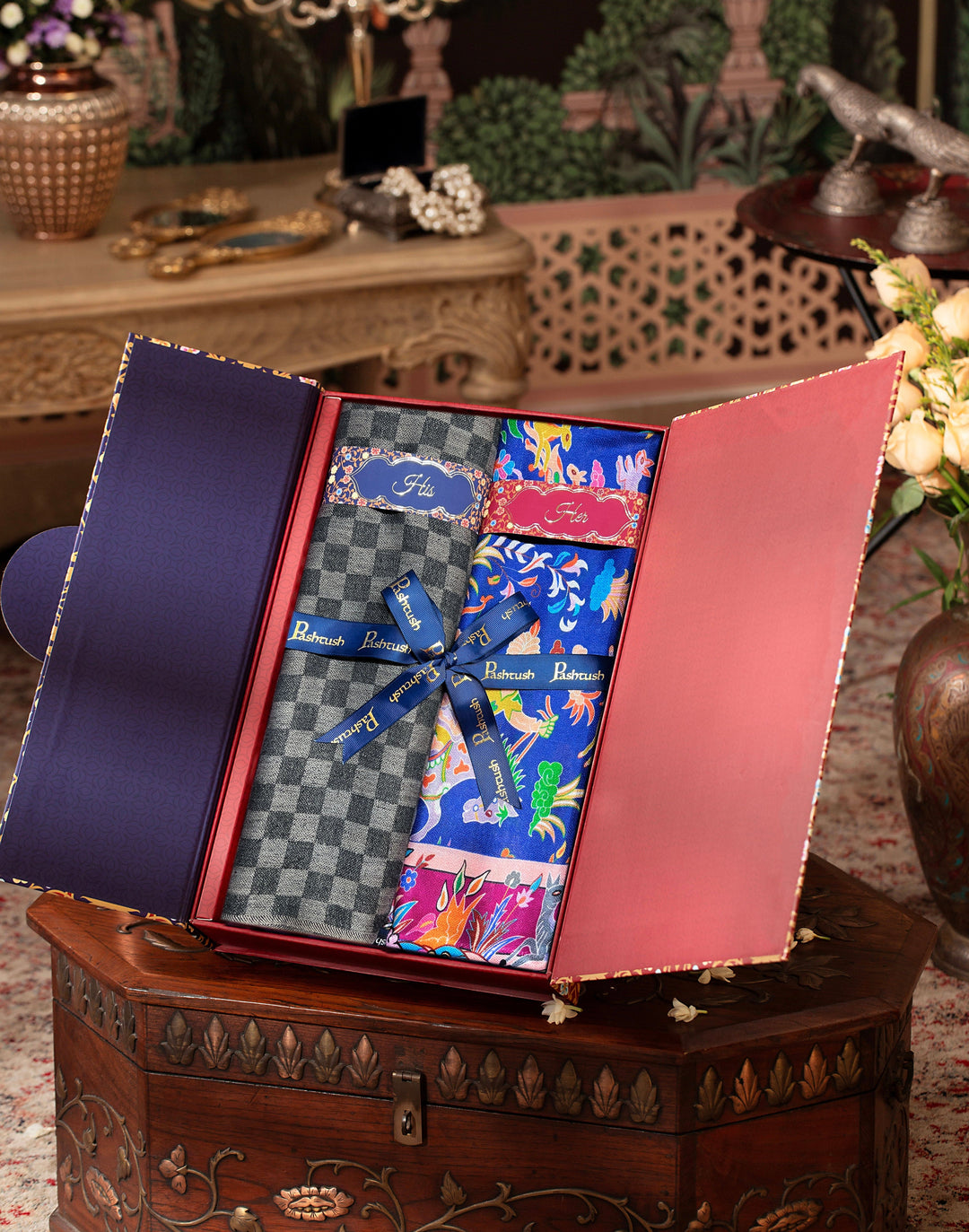 Pashtush India Gift Pack Pashtush His And Her Set Of Fine Wool Stole and Womens Shikardar Stole, Premium Gift Box Packaging, Black &amp; Multicolour