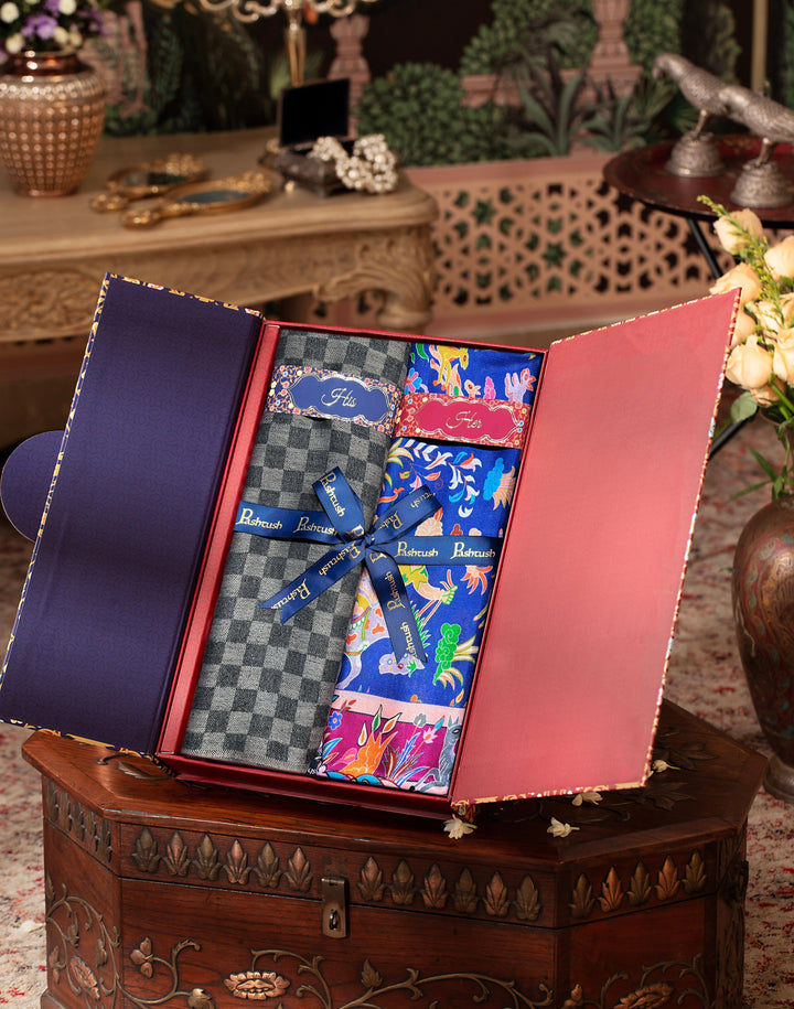 Pashtush India Gift Pack Pashtush His And Her Set Of Fine Wool Stole and Womens Shikardar Stole, Premium Gift Box Packaging, Black &amp; Multicolour